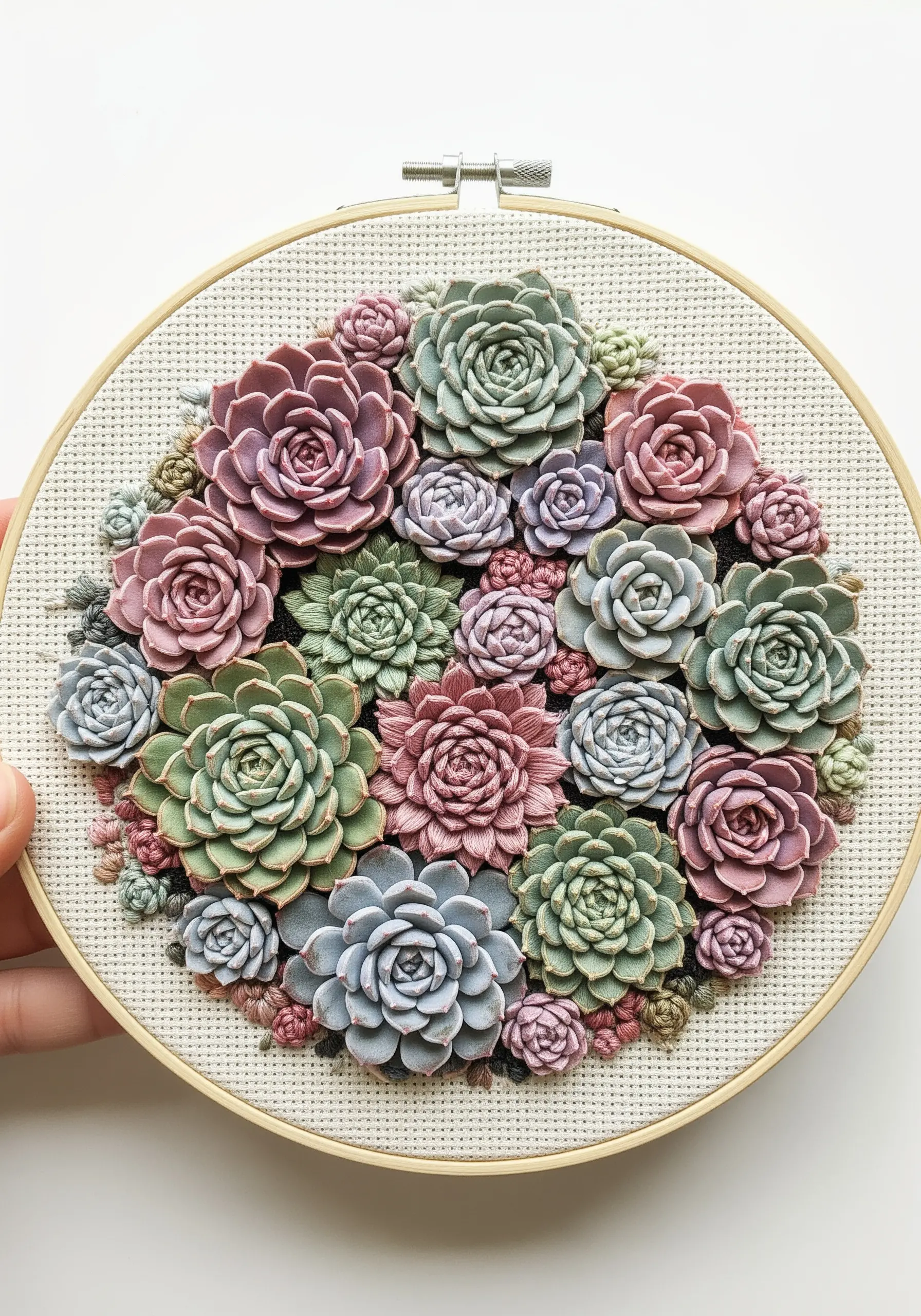 A dense cluster of three-dimensional embroidered succulents in dusty pink, green, and blue hues.