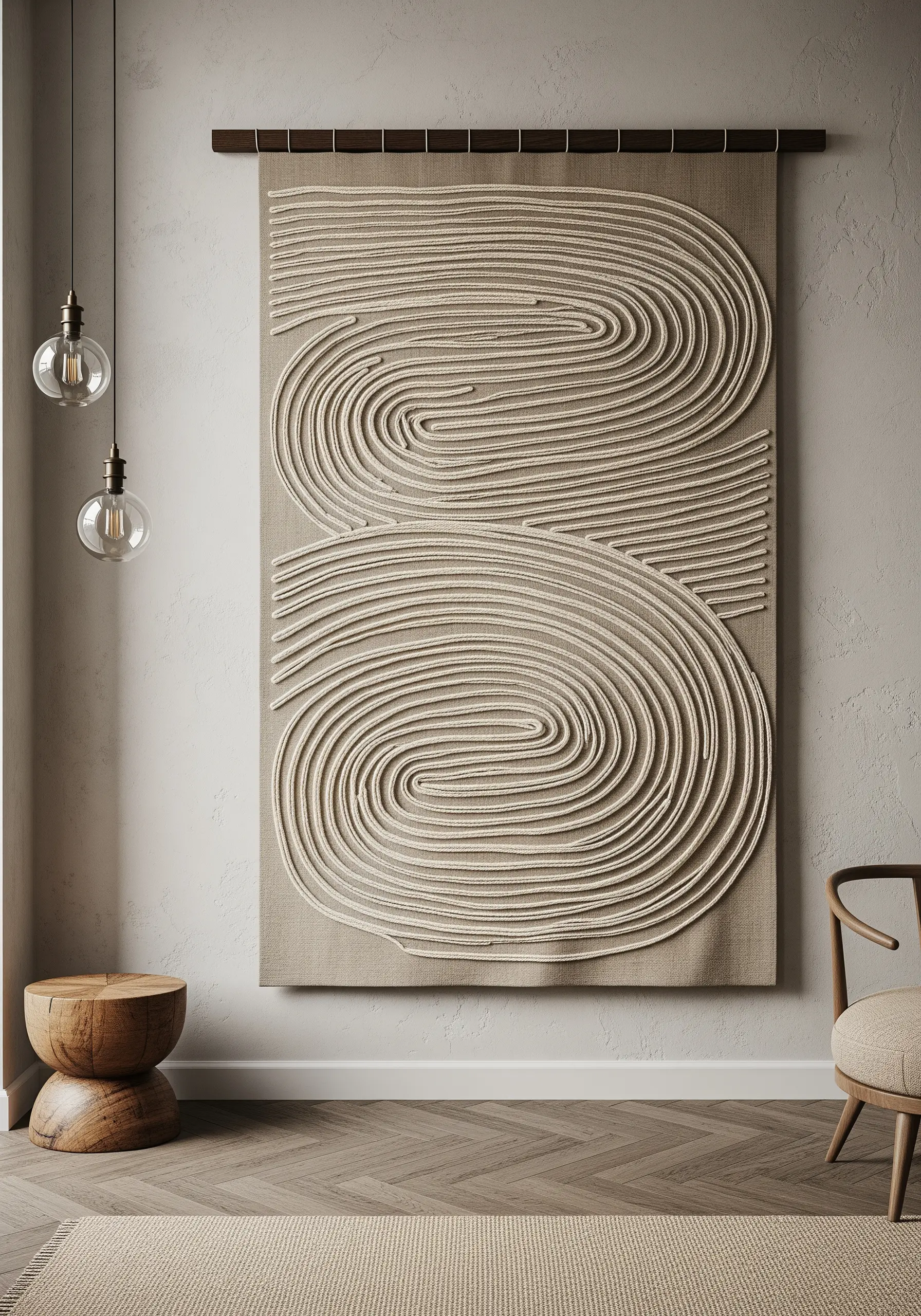 A large wall hanging with thick, sculptural swirls of couched roving on neutral linen.
