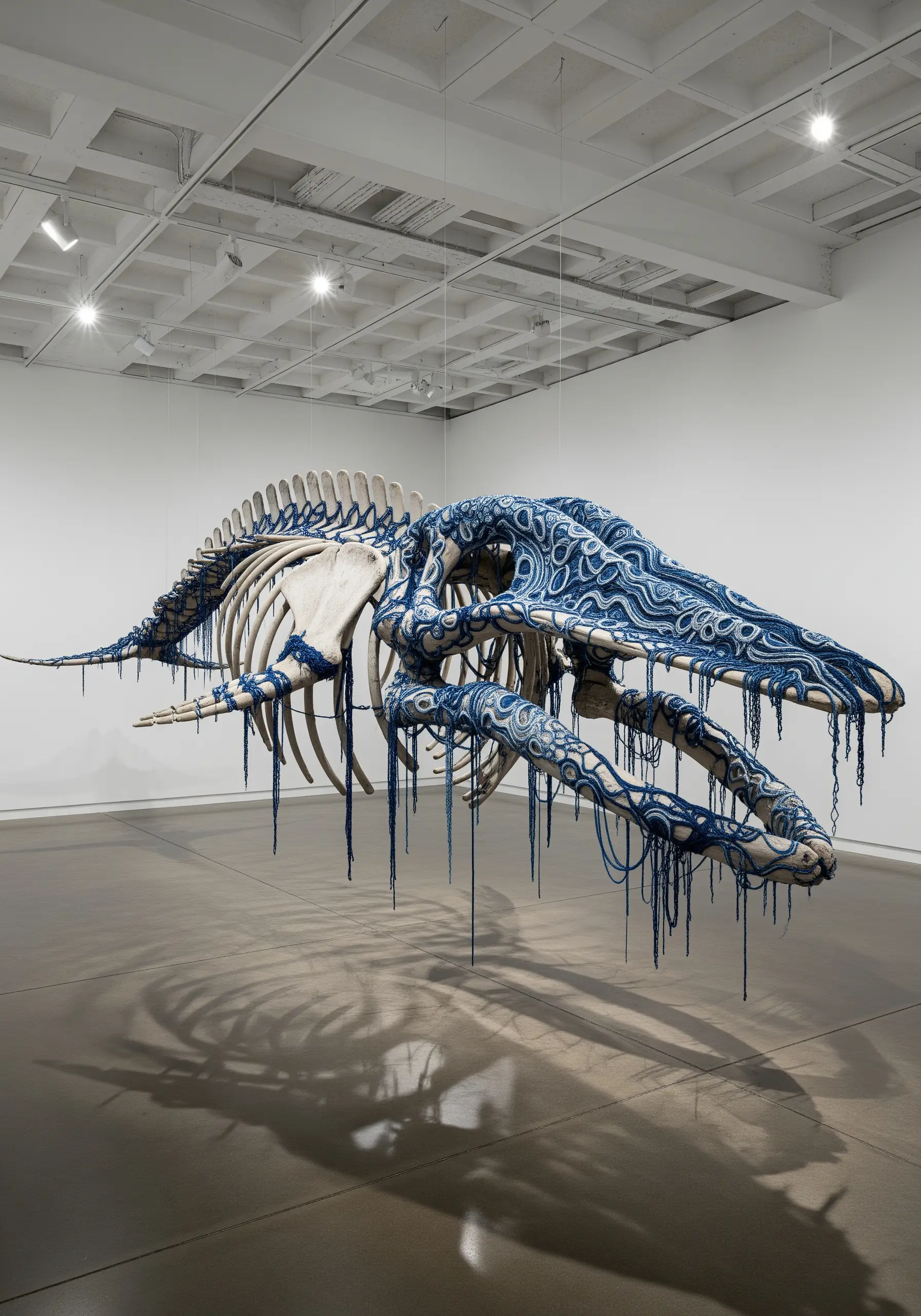 A large whale skeleton sculpture meticulously wrapped in swirling patterns of blue yarn.