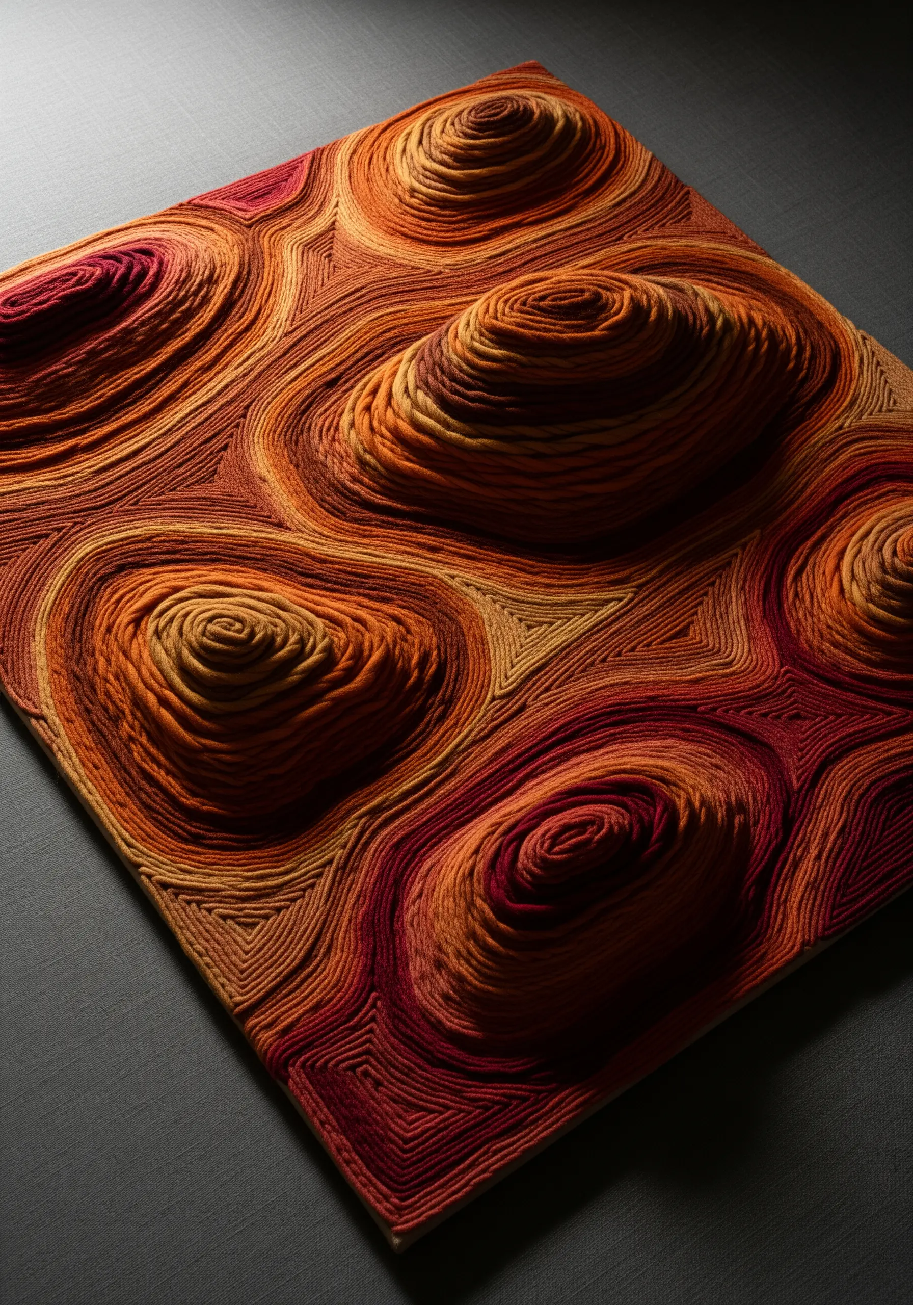 3D topographic embroidery with concentric layers of orange and red yarn.