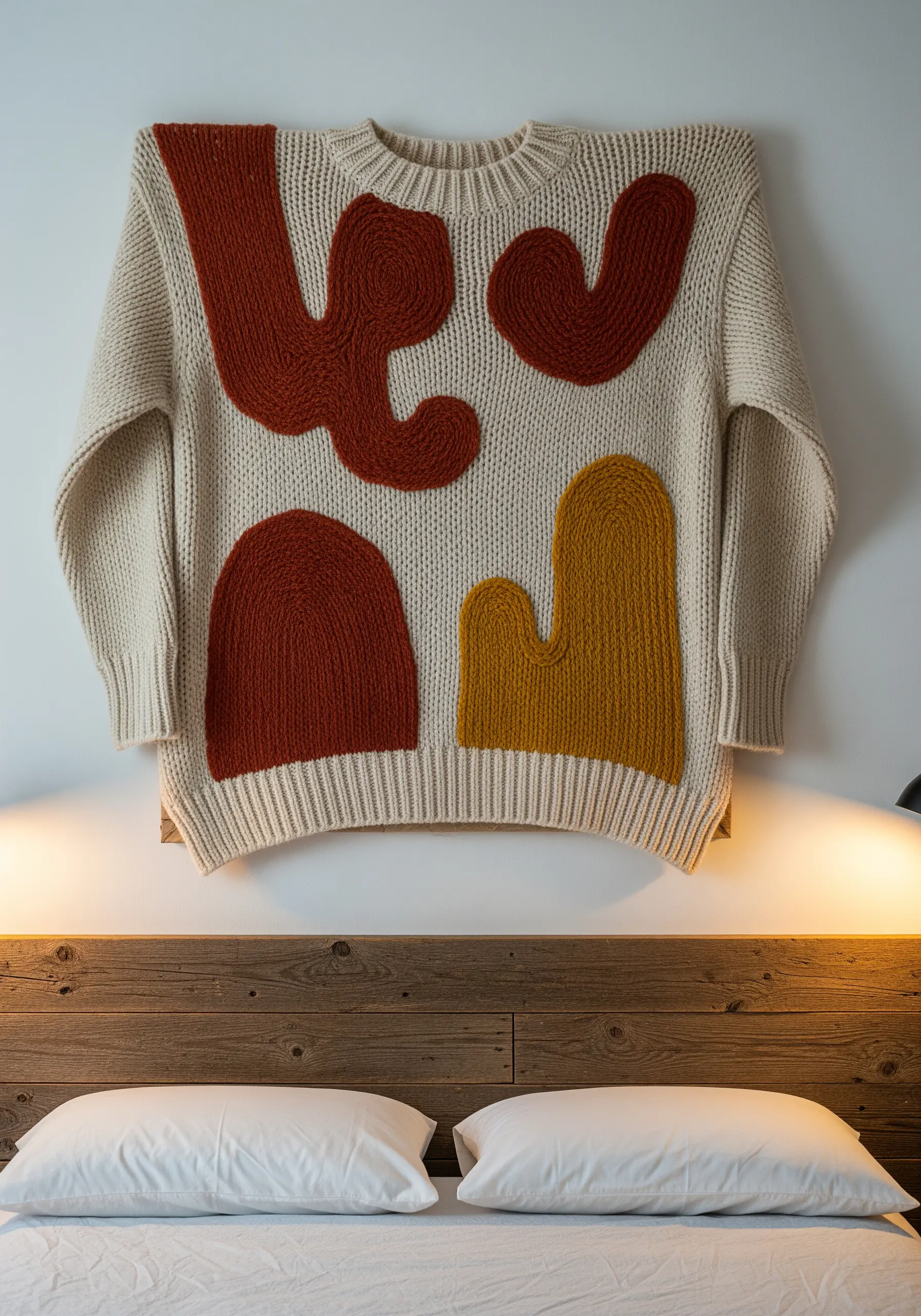 Abstract organic shapes in rust and ochre yarn stitched onto a cream-colored knit sweater.