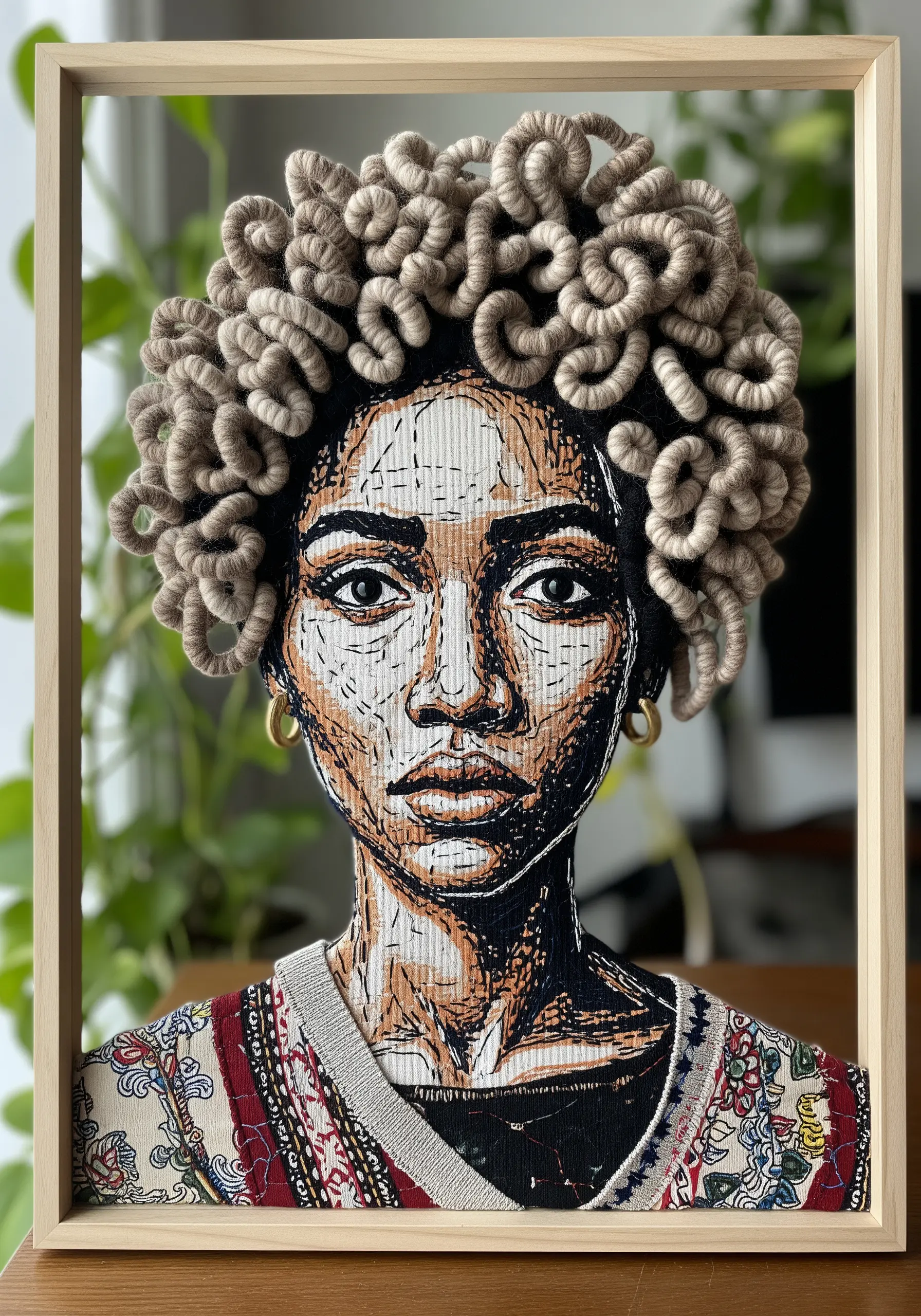 Embroidered portrait of a woman with three-dimensional coiled yarn hair.