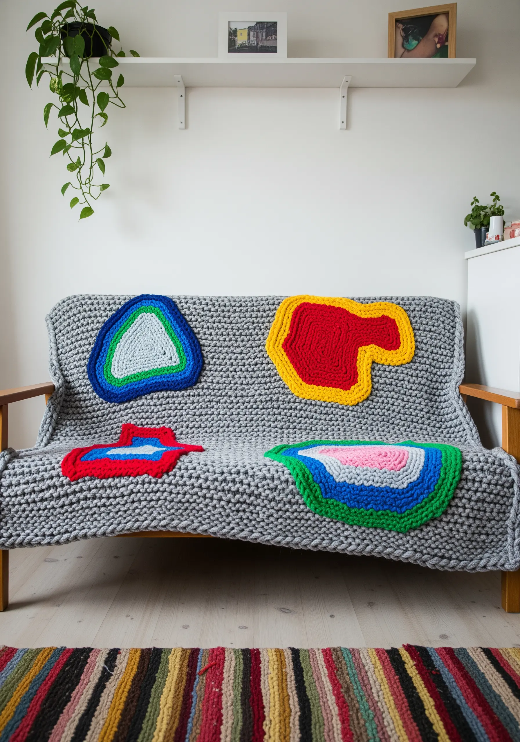 Abstract, colorful yarn-embroidered shapes placed on a grey knit sofa cover.