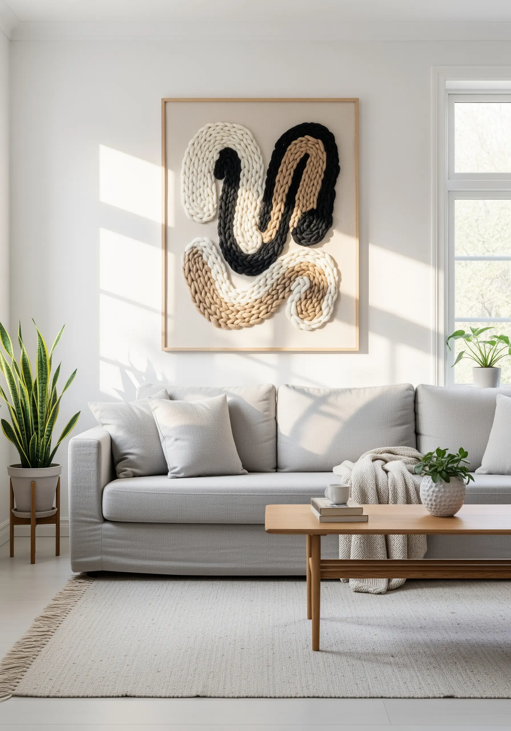 Large-scale abstract fiber art using chunky yarn couching in neutral tones.