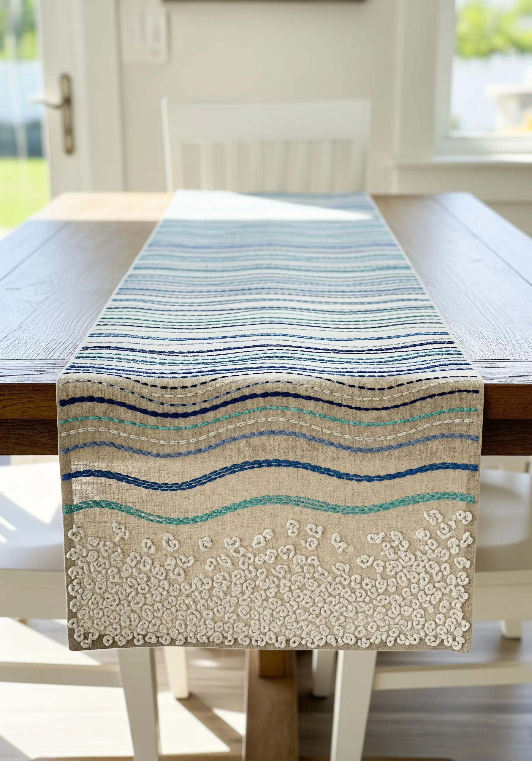 A linen table runner with embroidered blue waves and a cluster of white French knots that look like seafoam.