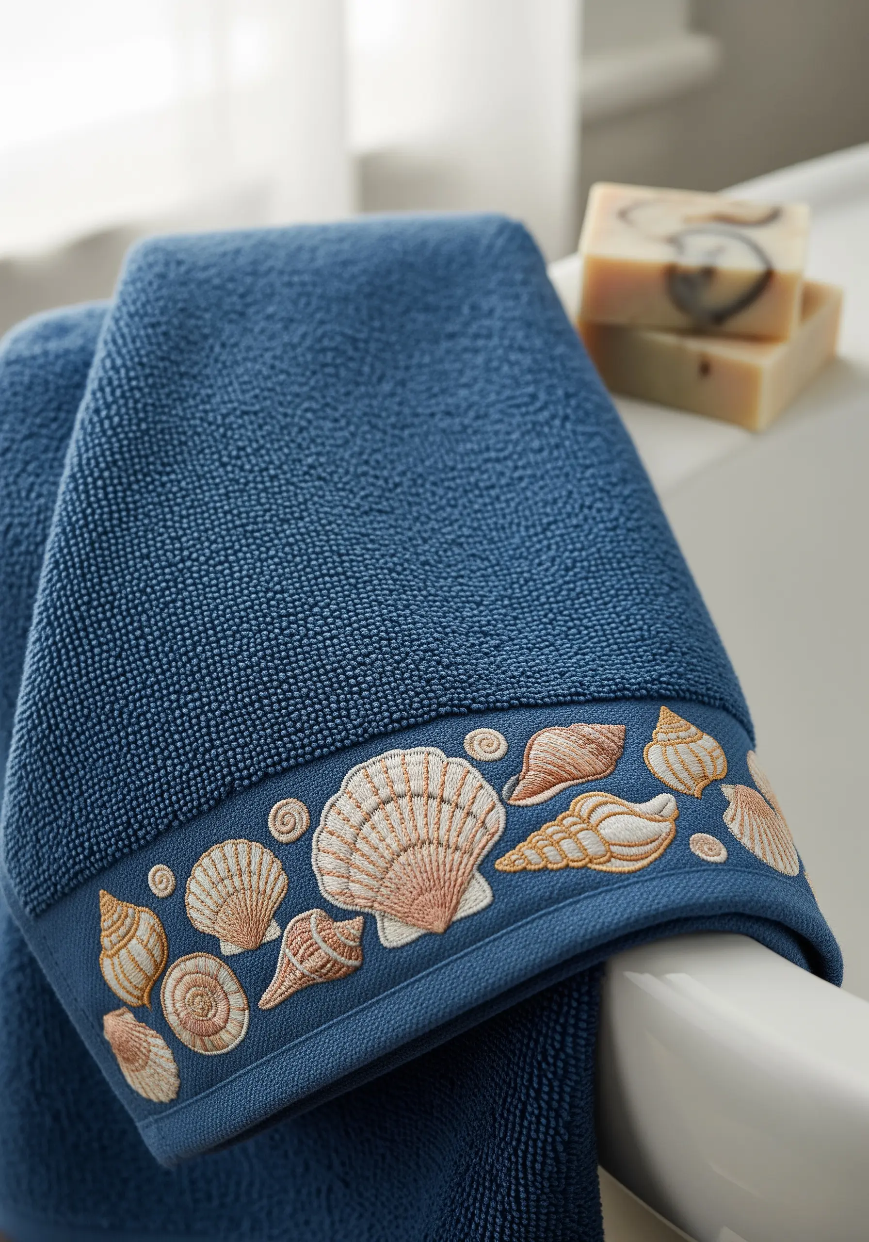 A variety of realistic seashells embroidered along the dobby border of a blue hand towel.