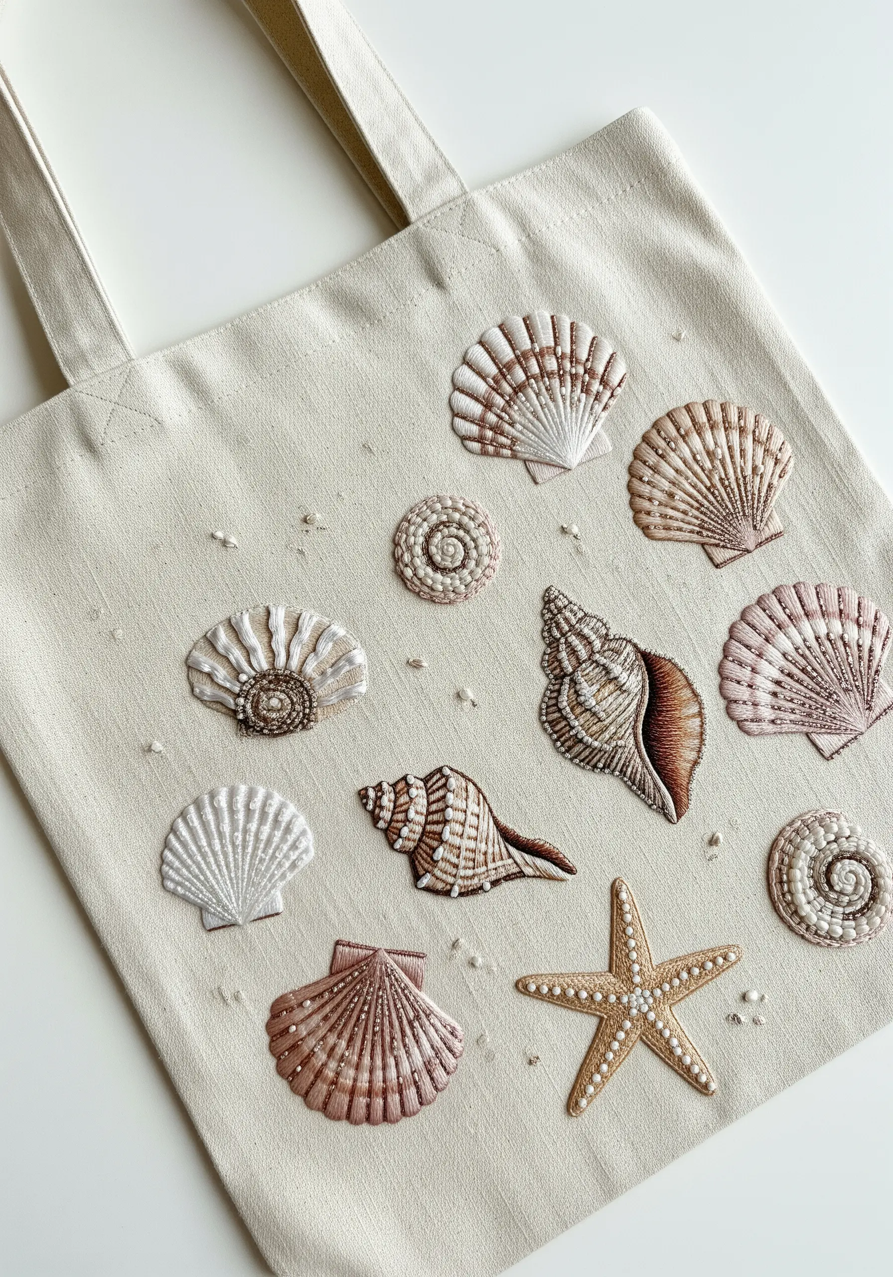 A collection of realistically embroidered seashells using thread painting on a canvas tote bag.