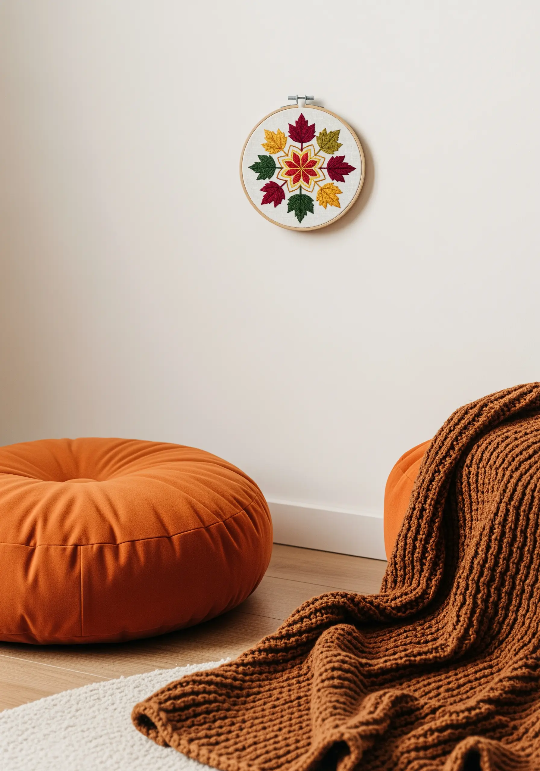 A mandala made of autumn-colored leaves stitched in a circle.