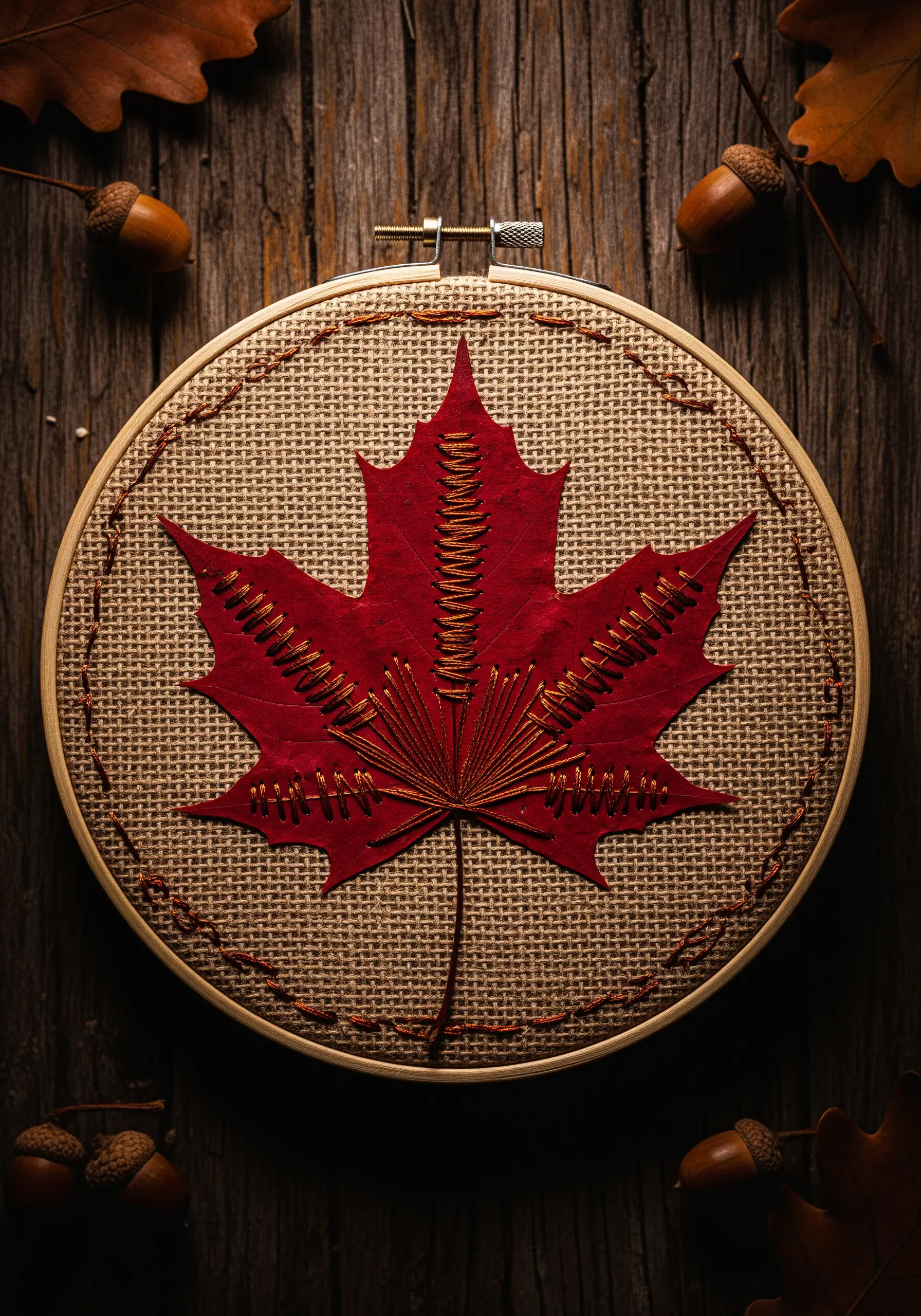 A pressed red maple leaf on burlap fabric, secured with decorative lacing stitches.