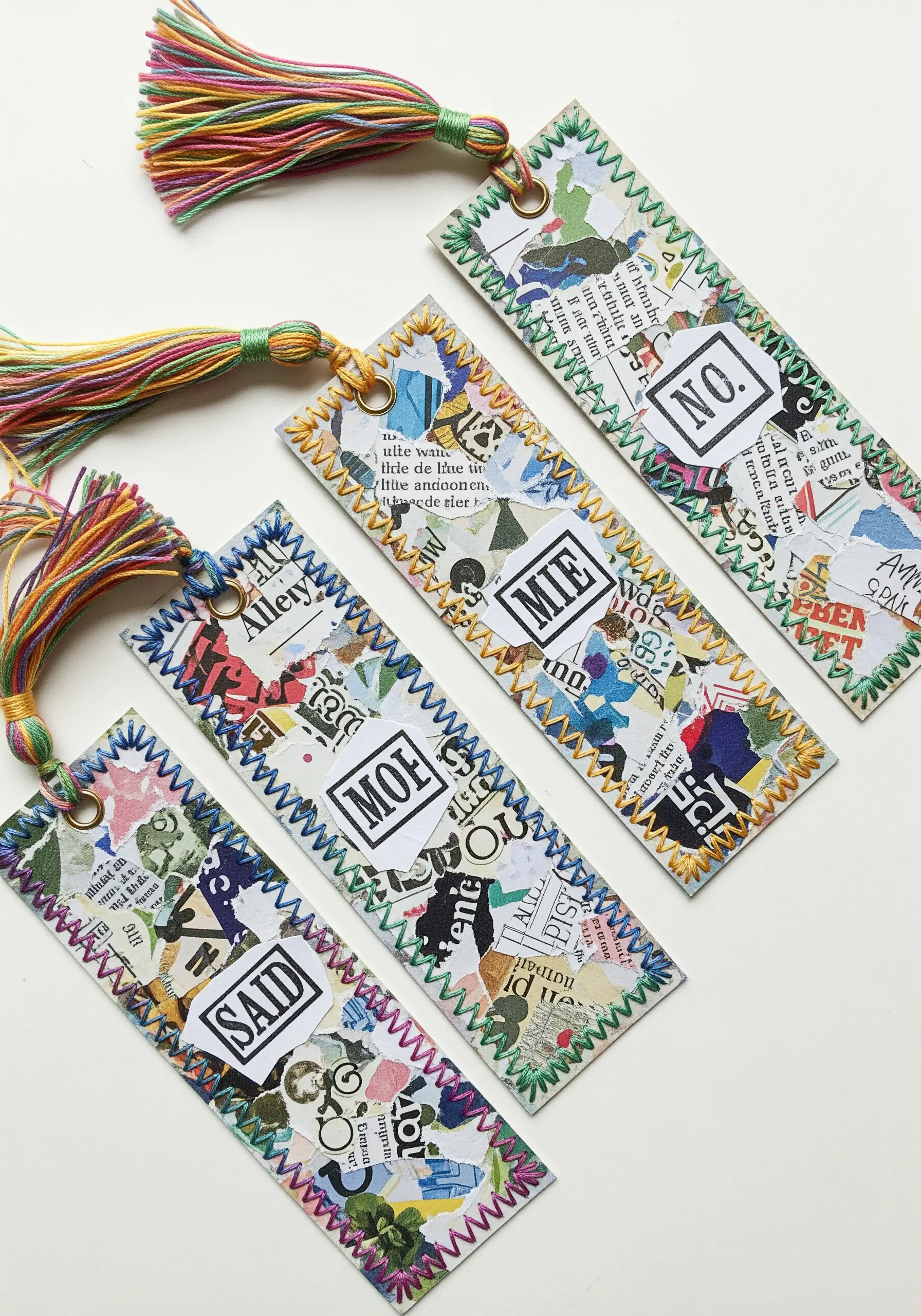 Handmade bookmarks made from paper collage, with edges finished with a decorative blanket stitch.