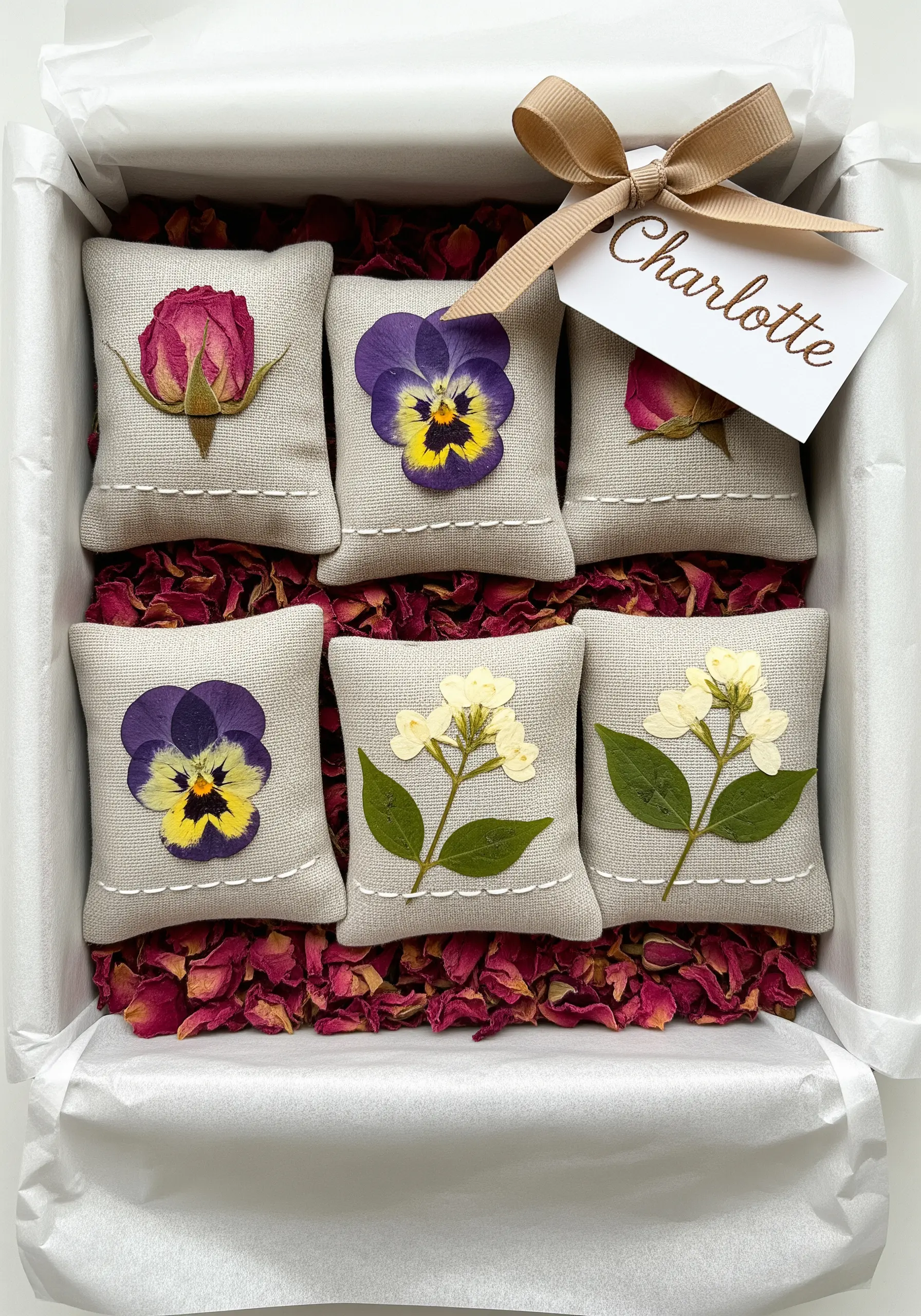 Small linen gift sachets decorated with single pressed flowers and a simple stitched border.