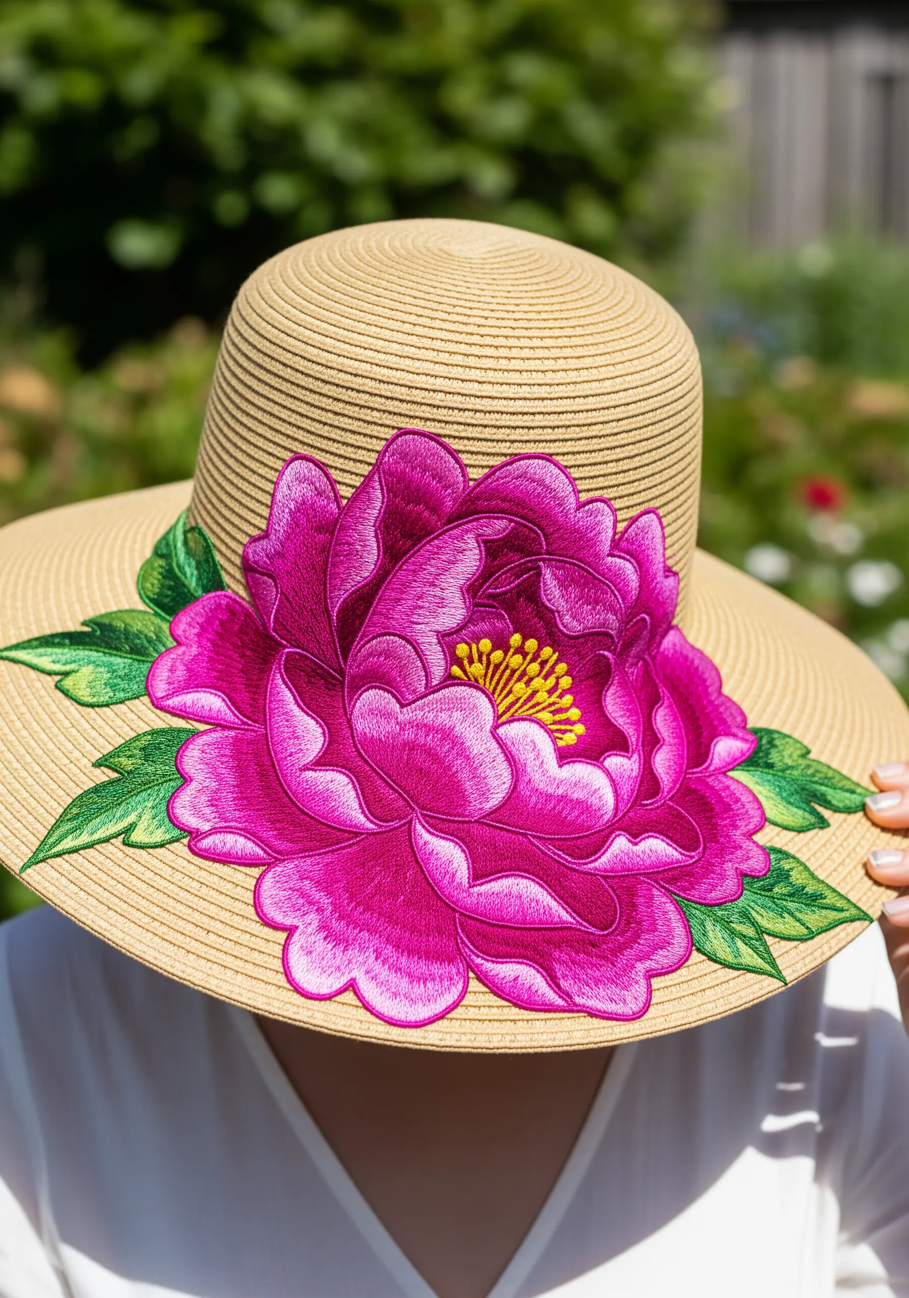 A large, bright magenta peony patch attached to the side of a straw sun hat.