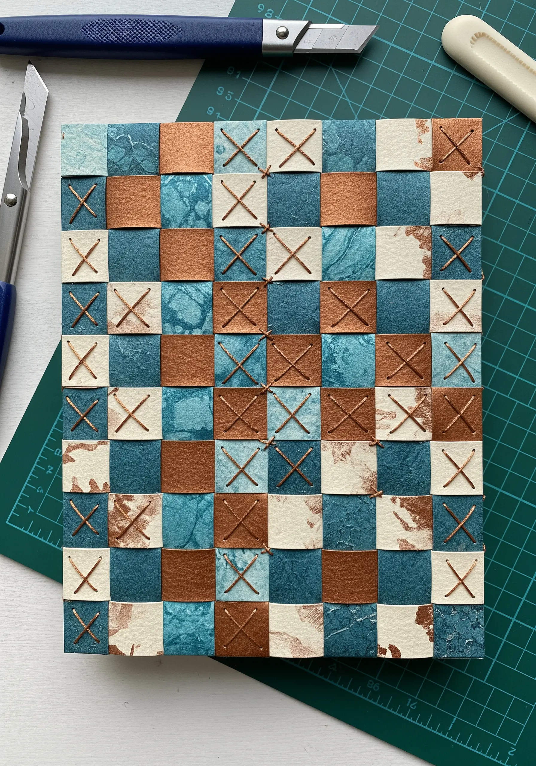 A woven paper journal cover in blue, copper, and cream, with tiny cross stitches at intersections.