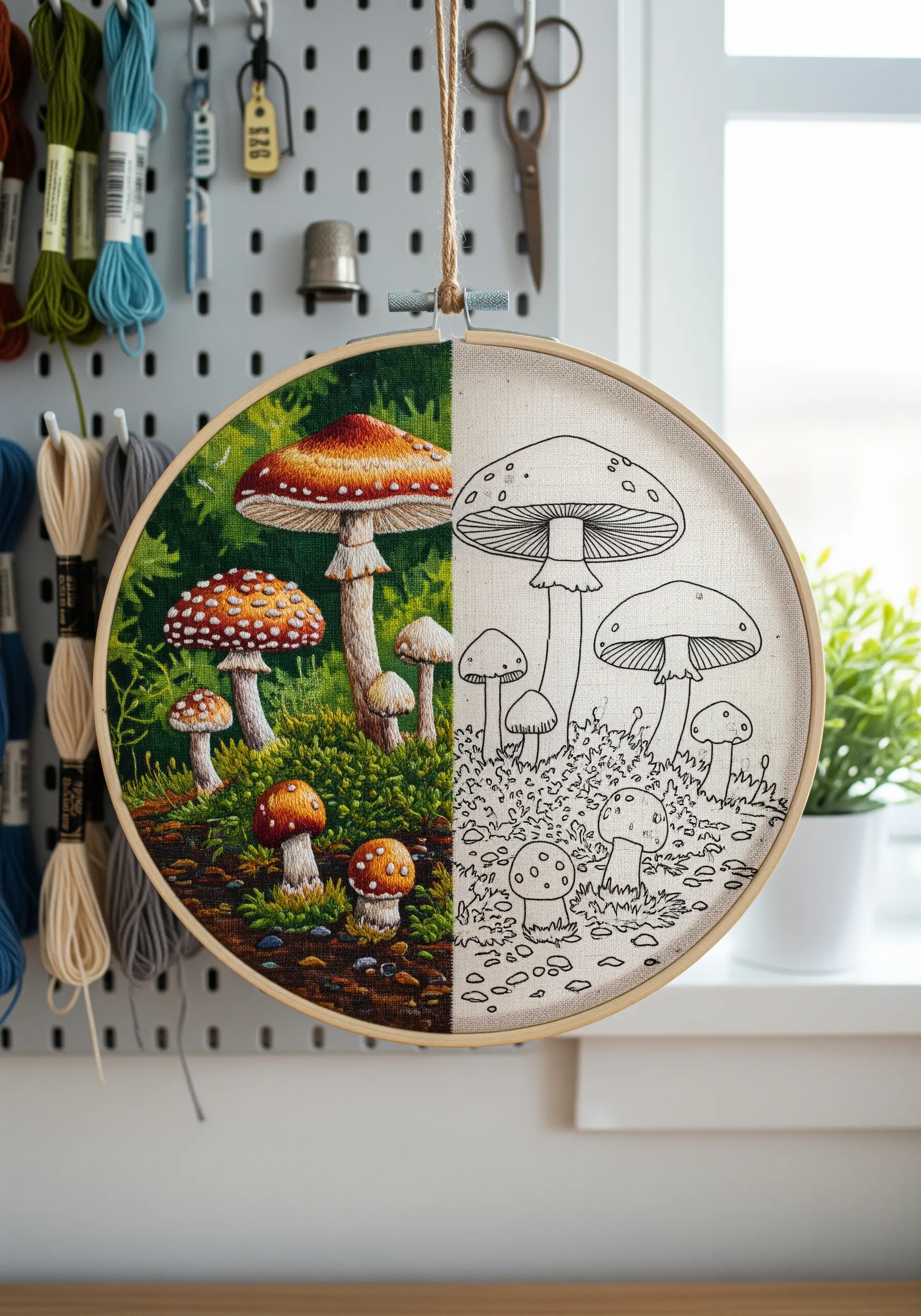 A half-finished embroidery showing the line drawing on one side and the full color on the other.