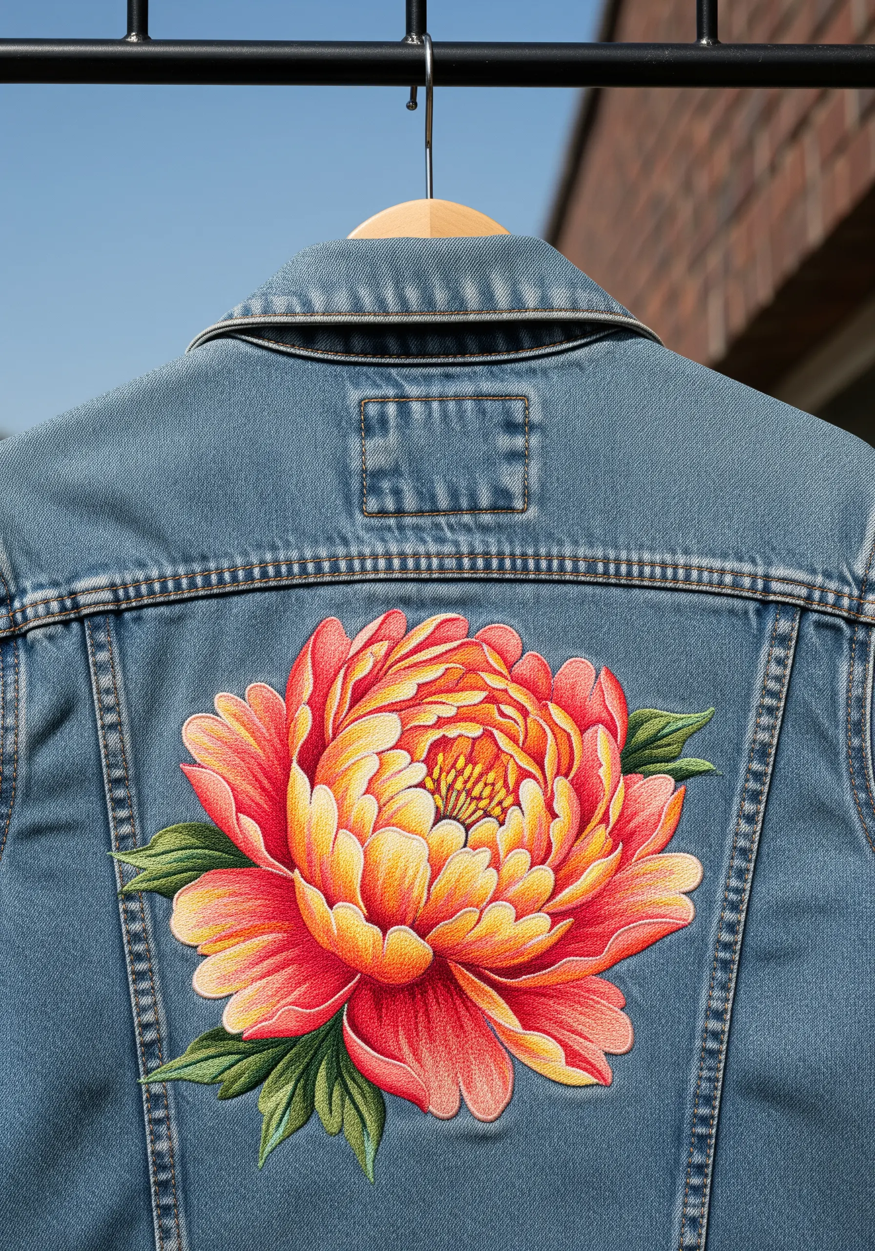 A vibrant orange and red peony embroidered on the back of a blue denim jacket.