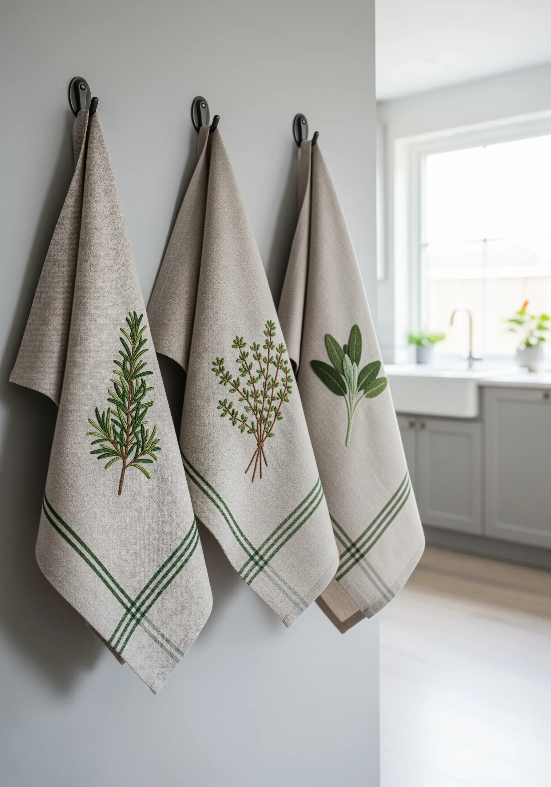 Three linen tea towels, each embroidered with a different culinary herb: rosemary, thyme, and sage.