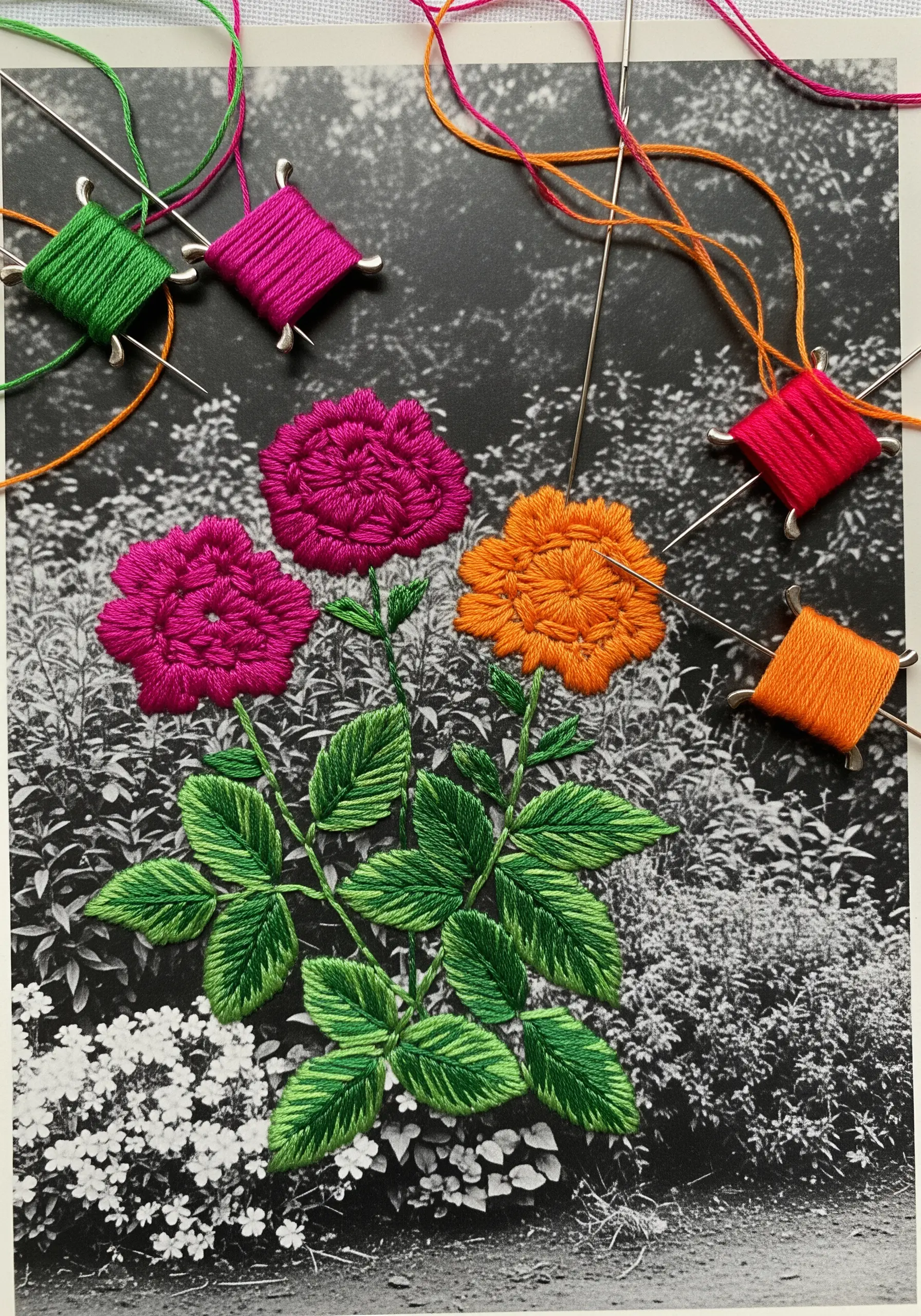 Black and white photograph with brightly colored, dimensional flowers embroidered on top.