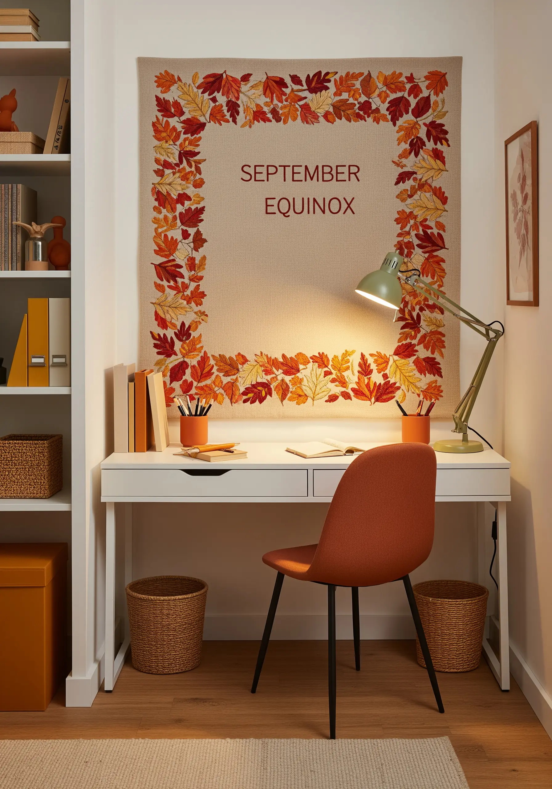 Large beige wall tapestry with an embroidered border of colorful autumn leaves.