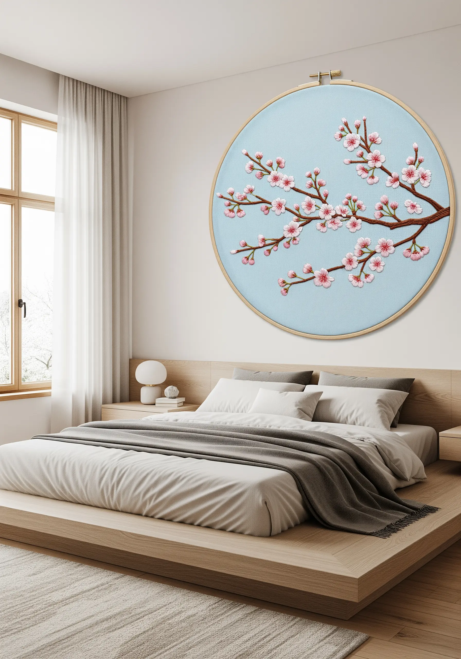 A large embroidery hoop with a delicate cherry blossom branch on a light blue background.
