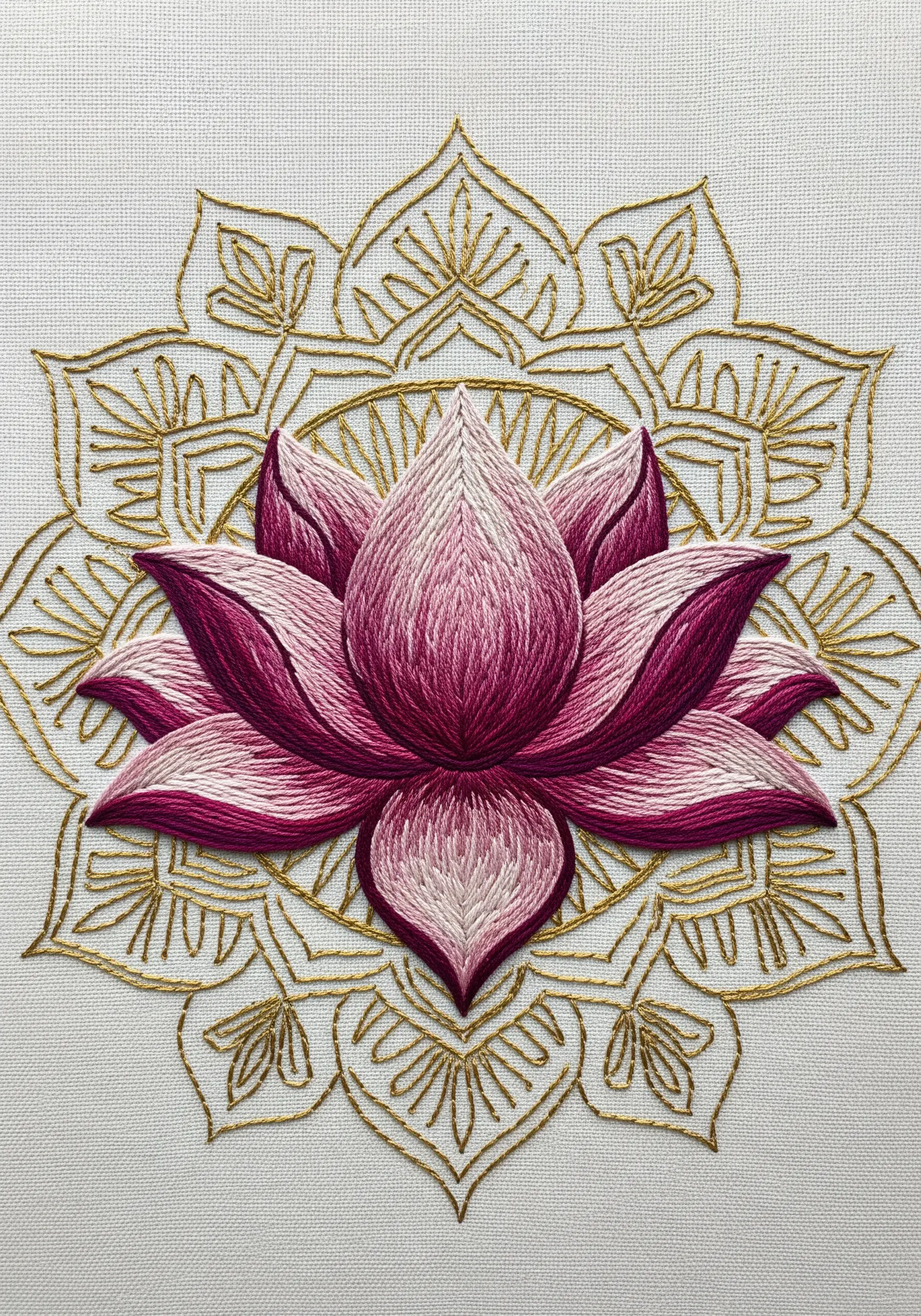 A thread-painted pink lotus flower sits in front of a geometric mandala outlined in gold thread.