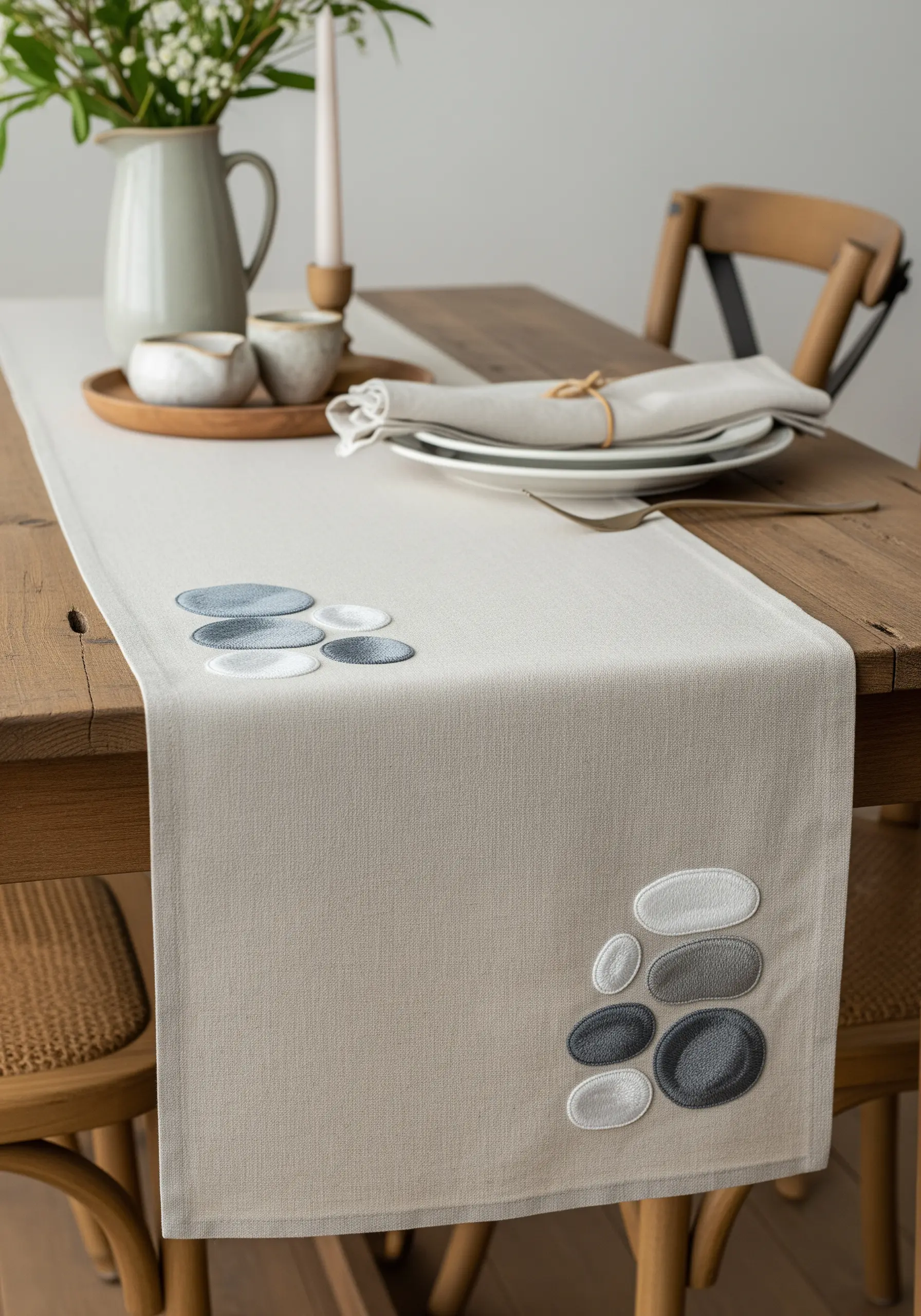 Clusters of smooth, rounded embroidered pebbles in shades of grey, blue, and white.