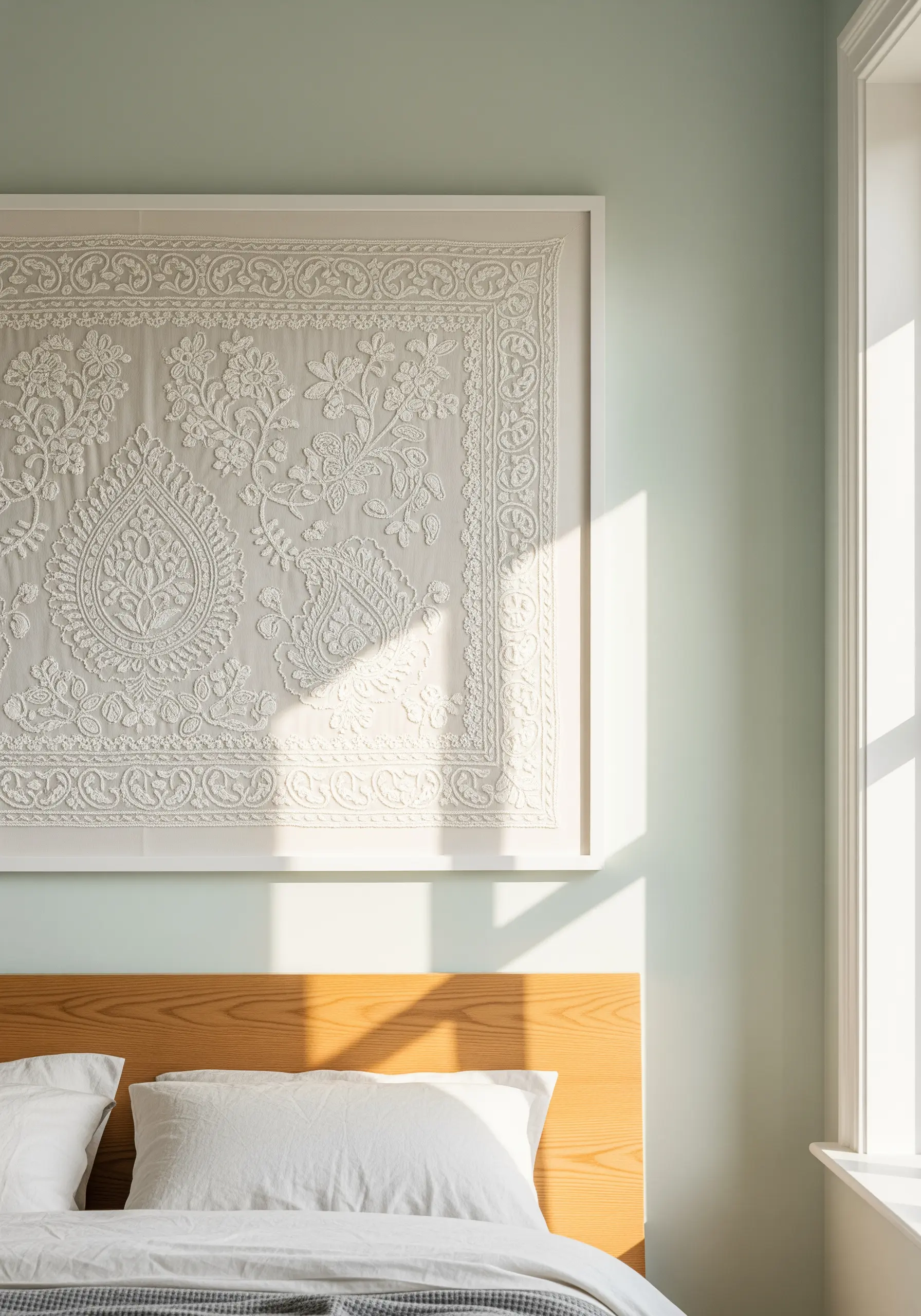 Framed white-on-white Chikankari embroidery with floral and paisley motifs above a bed.
