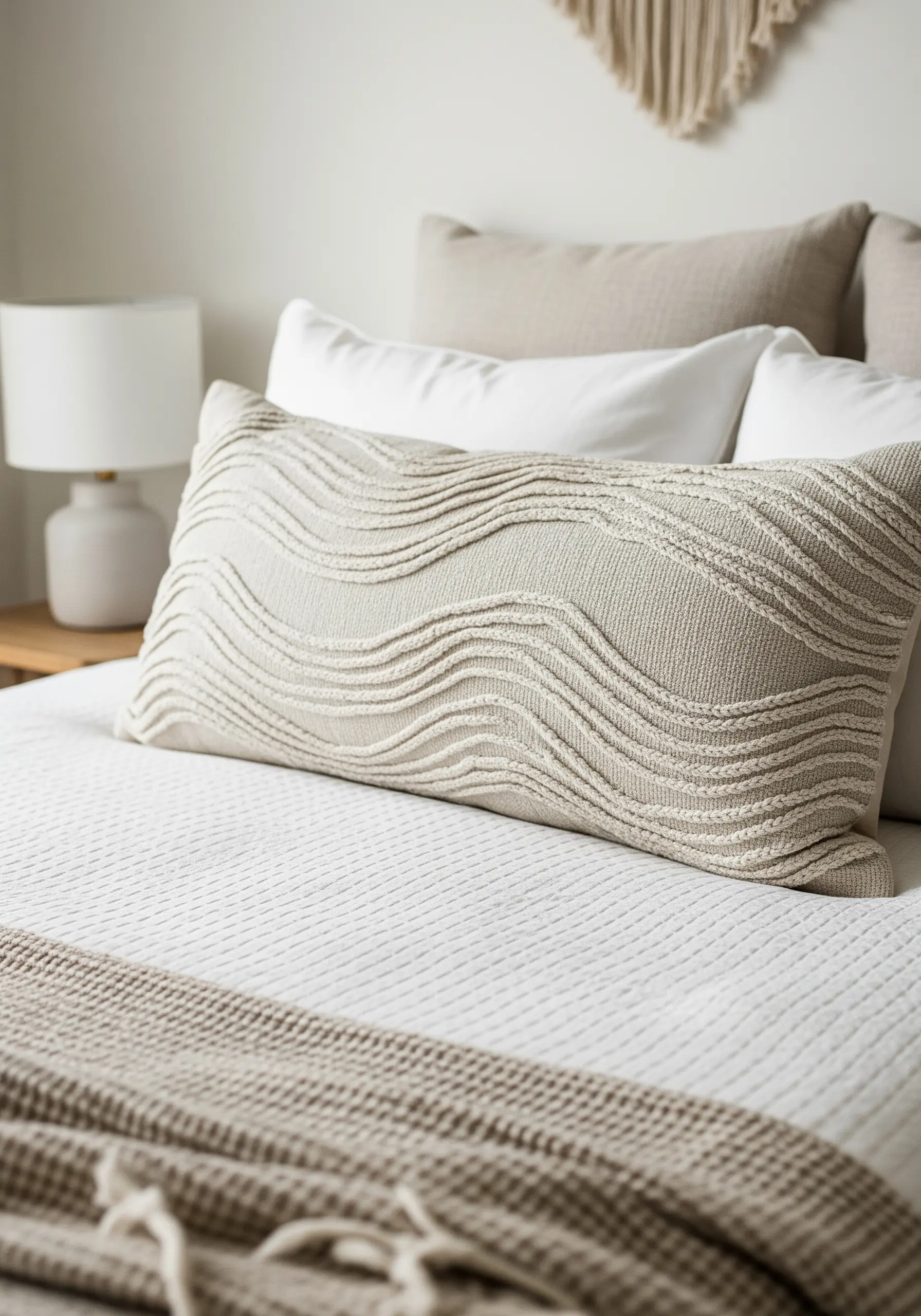Lumbar pillow with wavy, raised lines in a tone-on-tone whipped running stitch.
