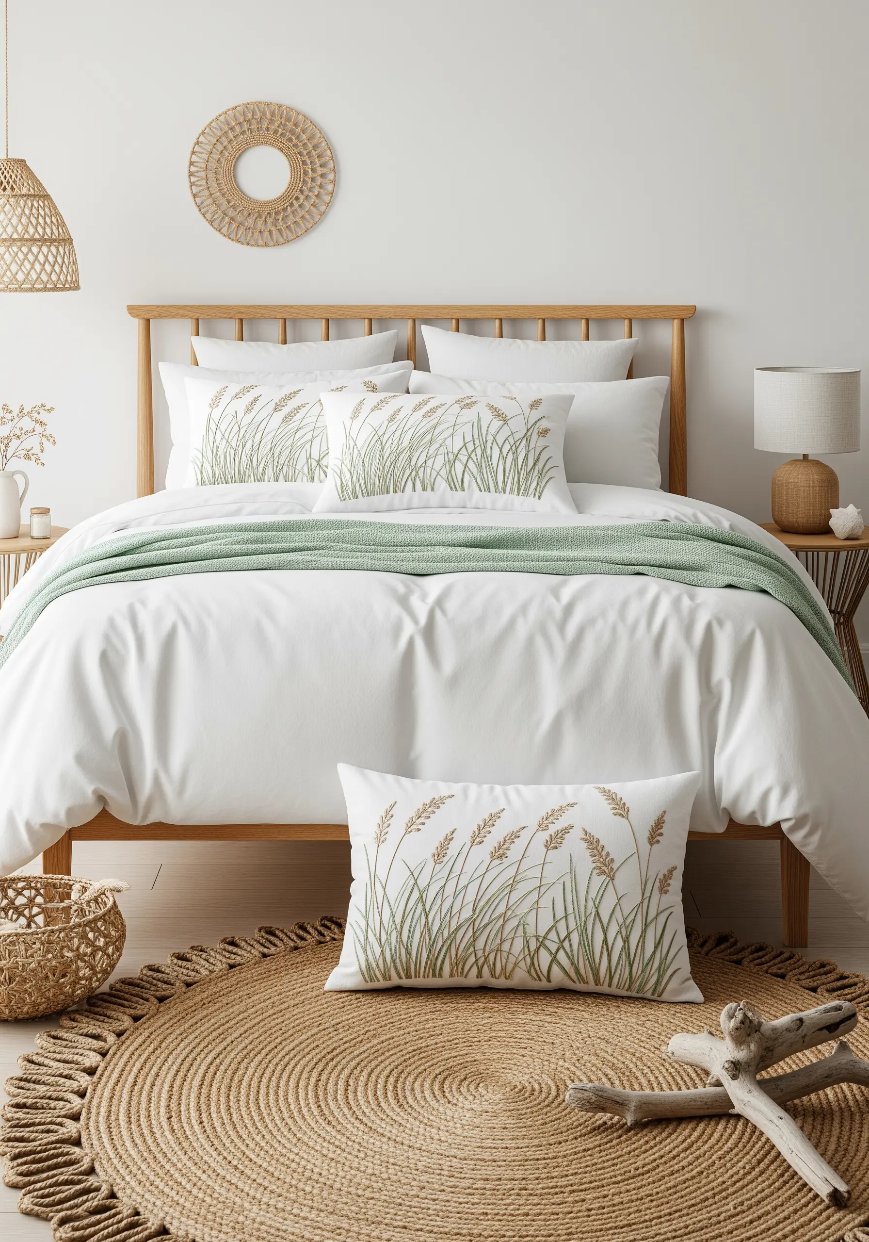White bedding and pillows embroidered with the simple silhouettes of tall wild grasses.