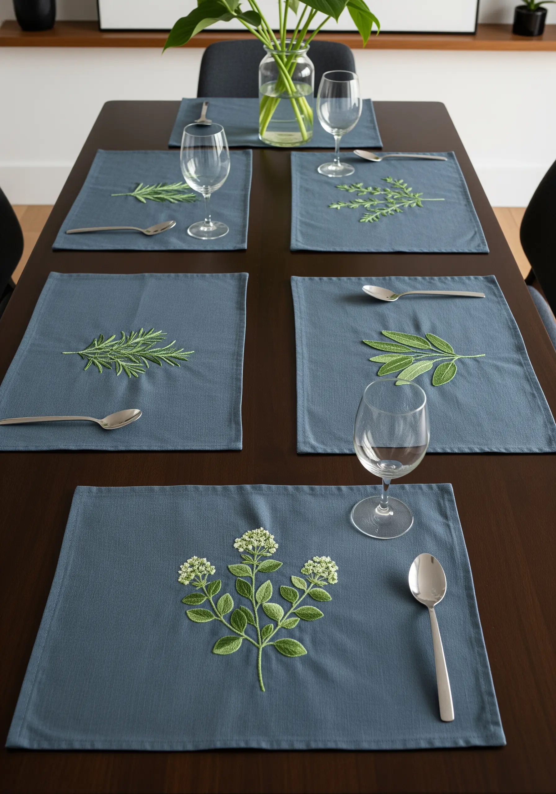 Dark blue placemats on a dining table, each embroidered with a different realistic herb.