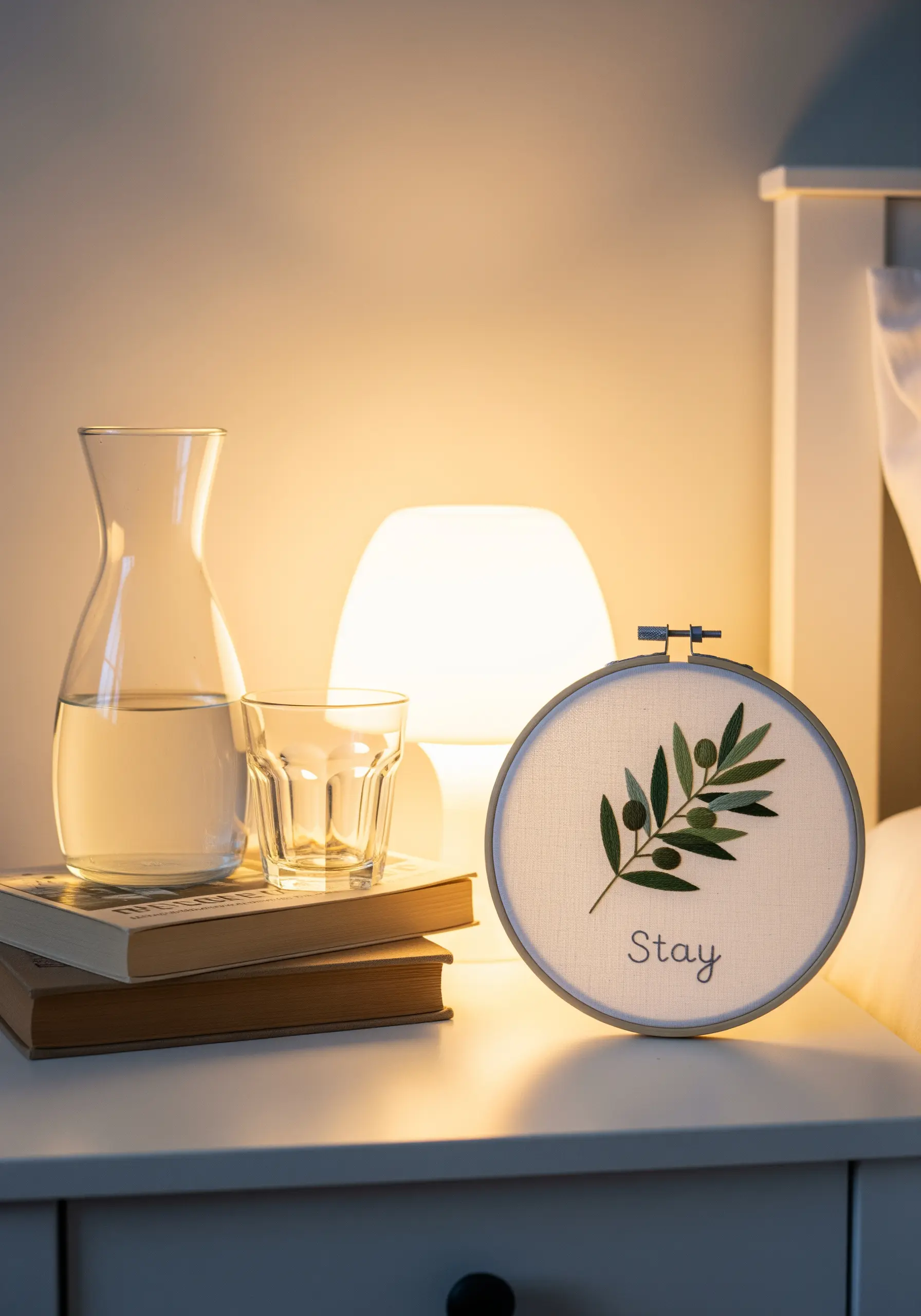 A simple embroidery of an olive branch and the word 'Stay' on a bedside table.