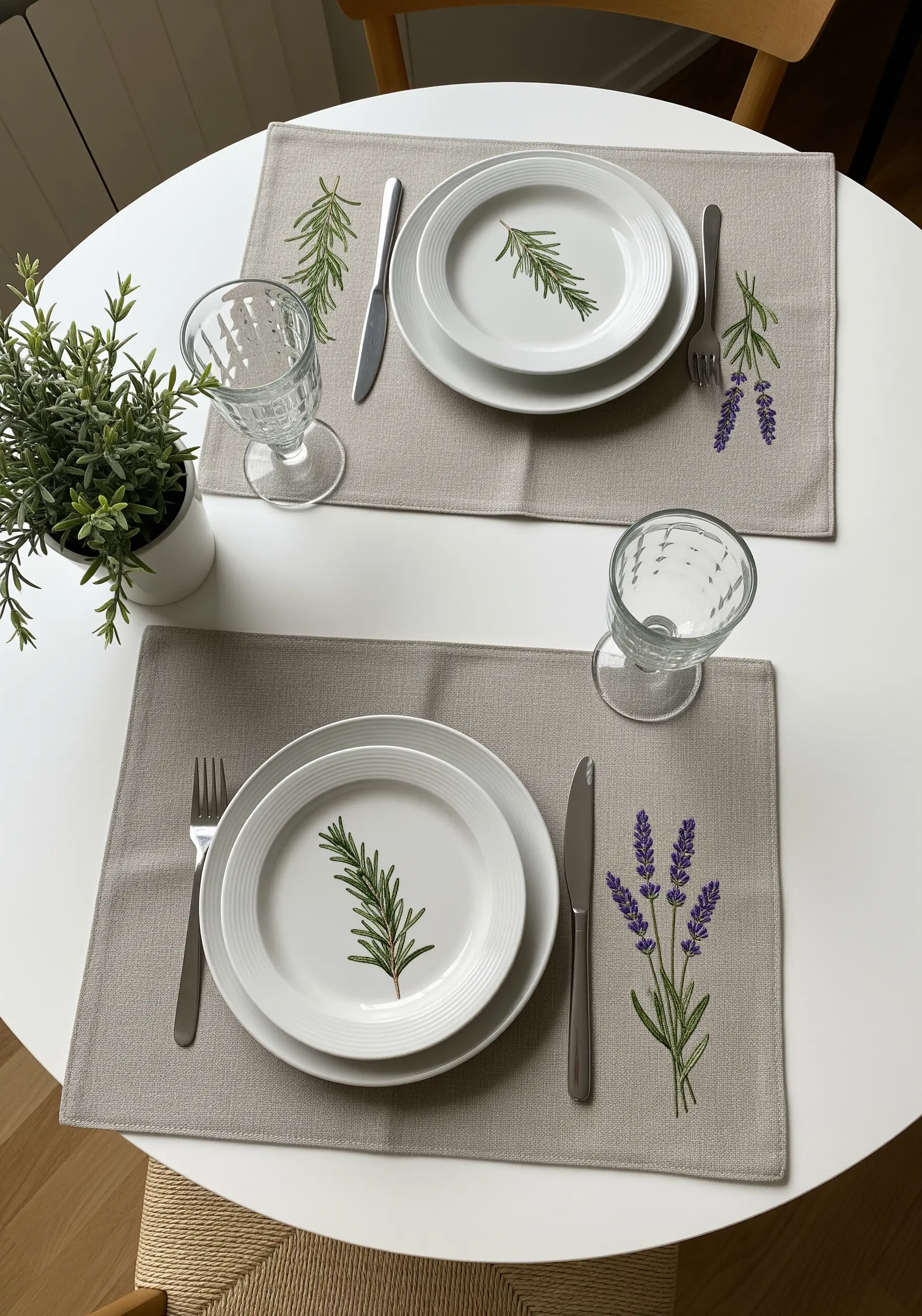 Linen placemats embroidered with delicate sprigs of rosemary and lavender next to plates