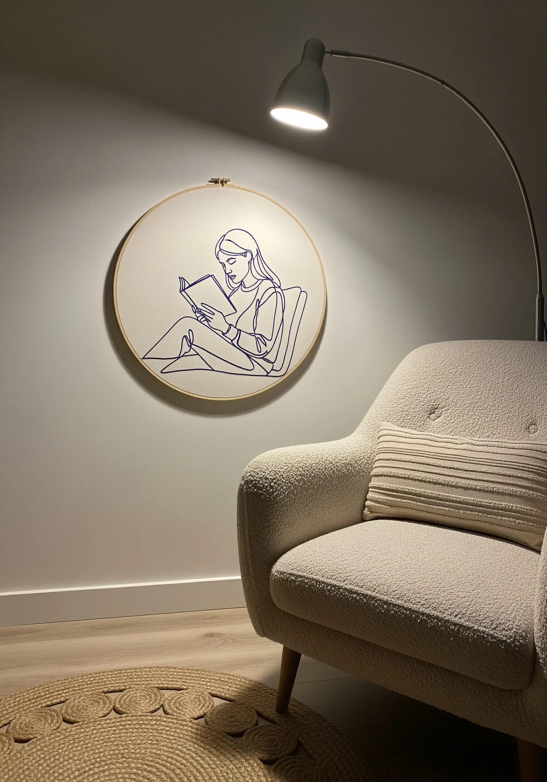 A line art embroidery of a person reading, stitched in deep blue thread.
