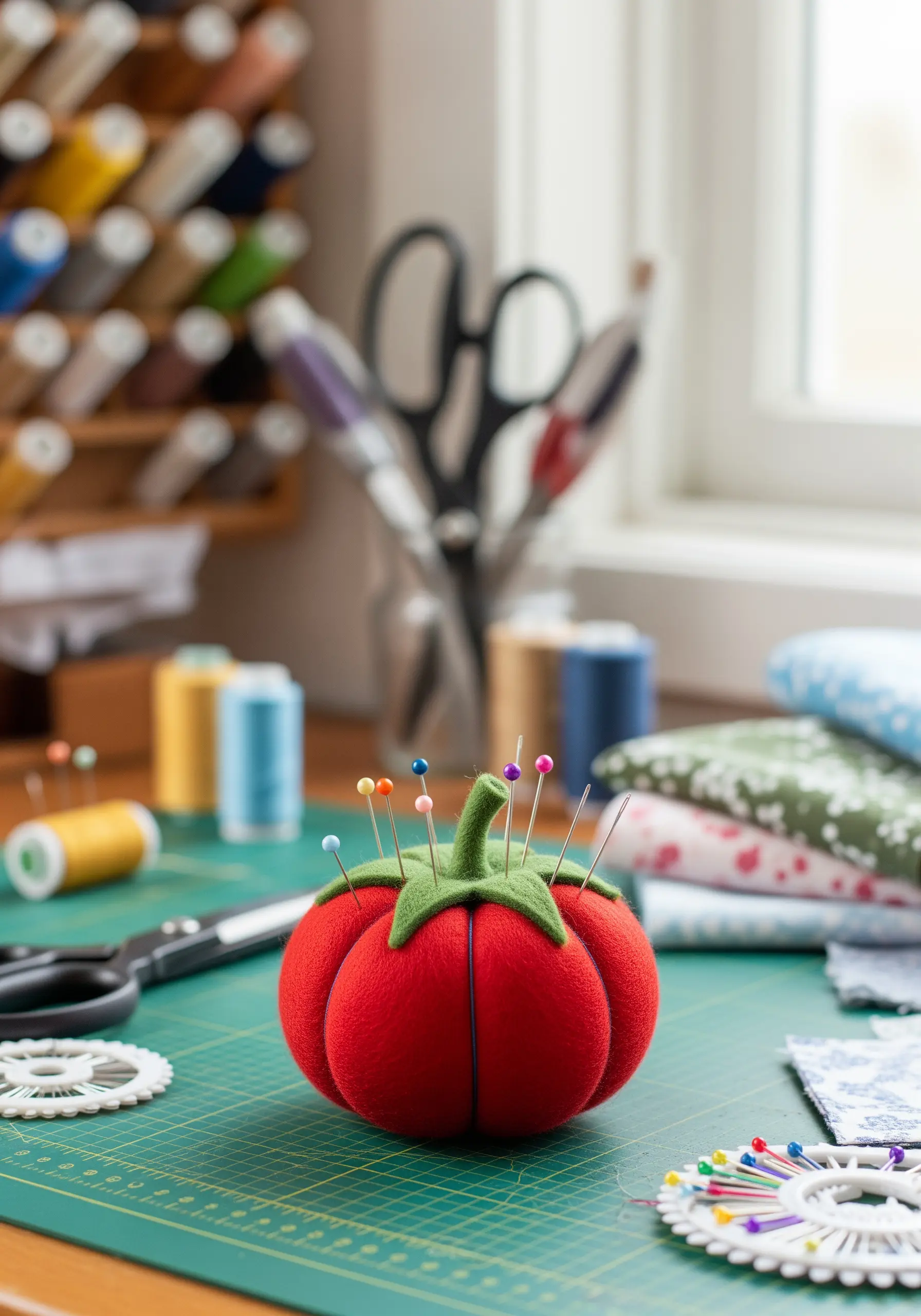 A classic red tomato pincushion with a green felt top, filled with colorful pins.