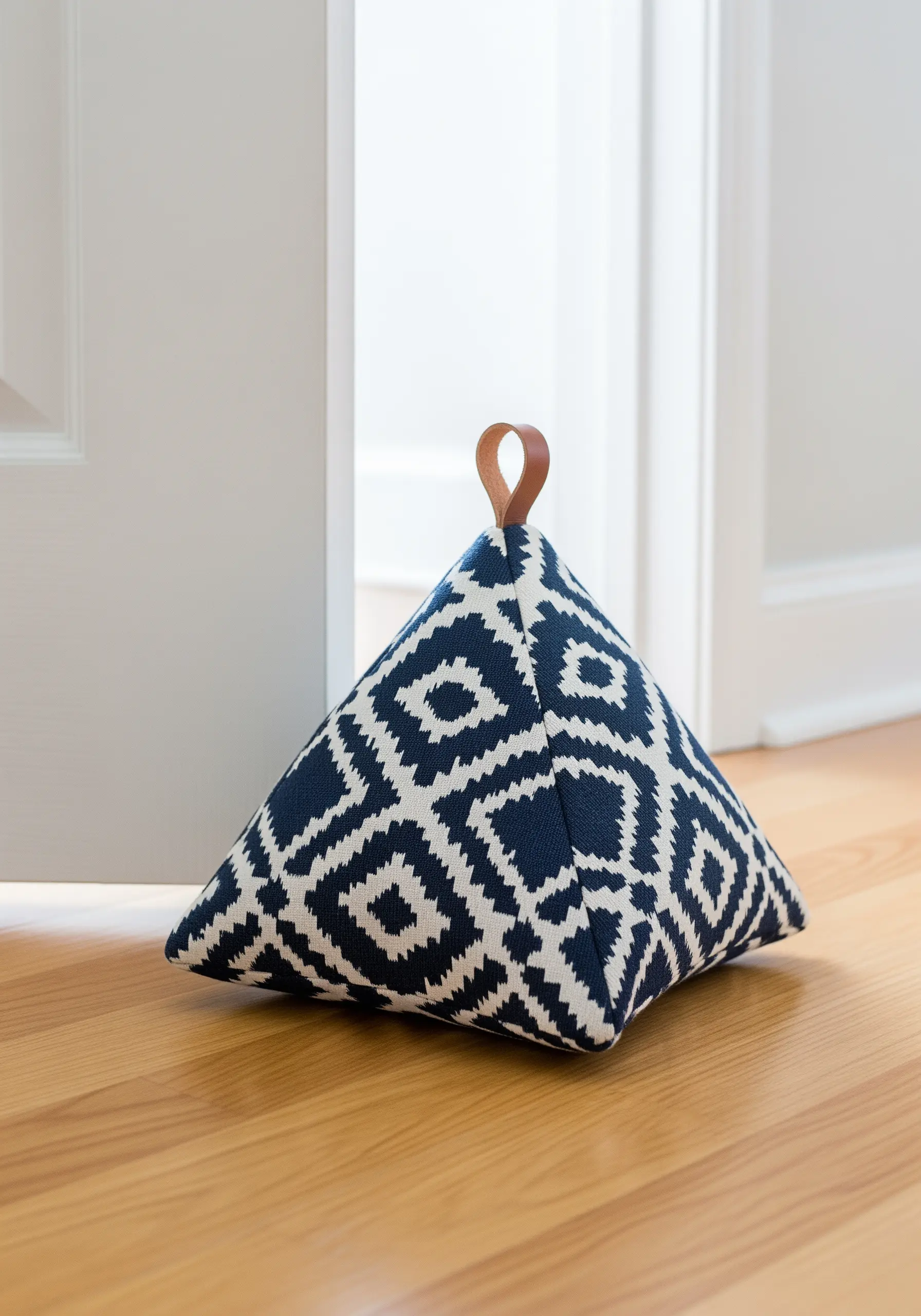 A pyramid-shaped fabric doorstop in a navy and white geometric pattern.