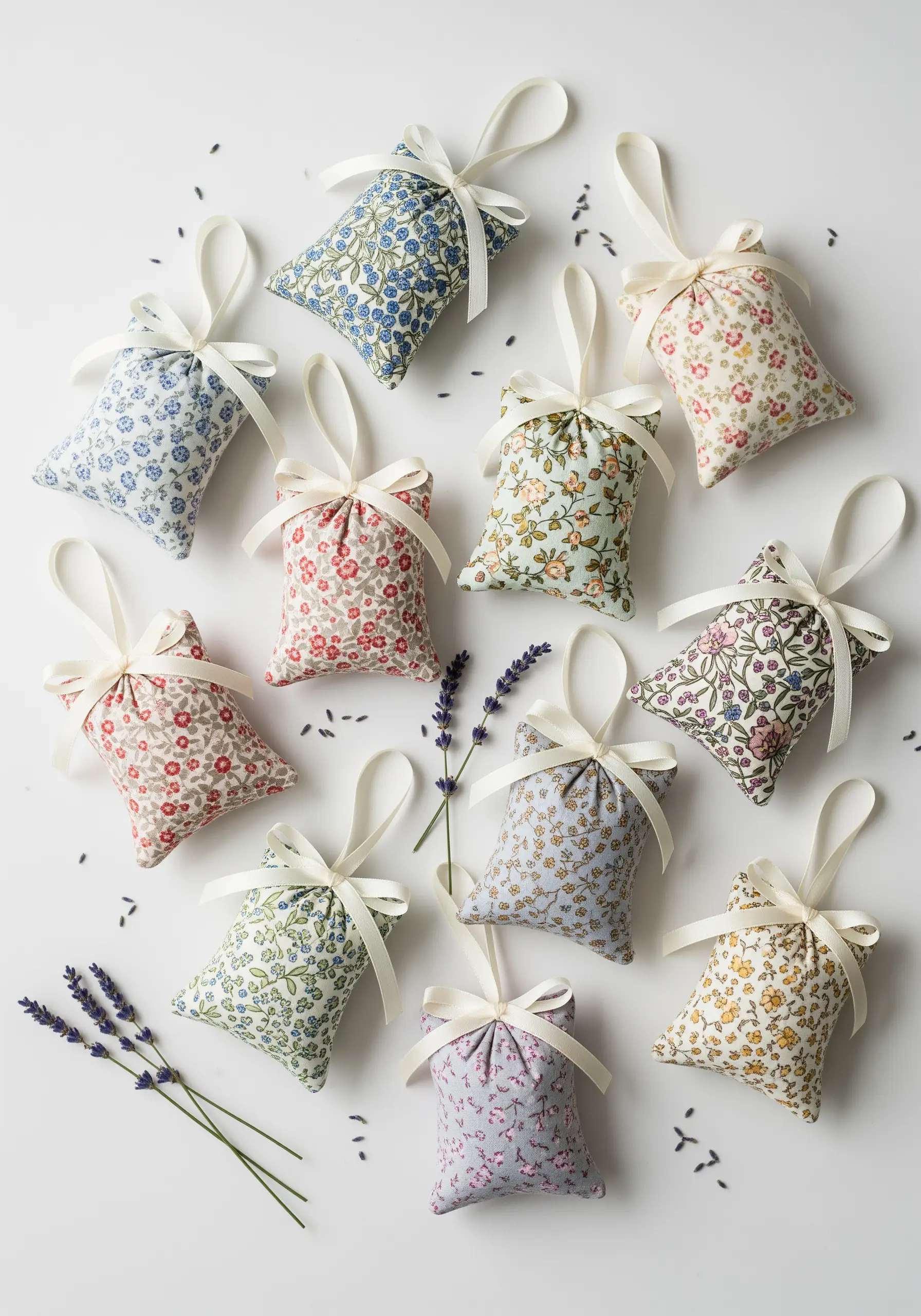 A collection of small floral-fabric sachets filled with lavender, tied with cream ribbons.