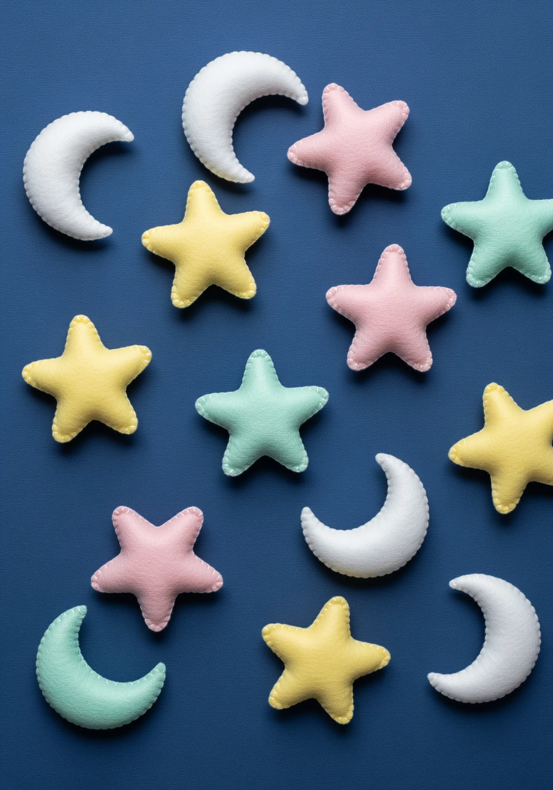 A collection of pastel-colored, hand-stitched felt stars and moons on a blue background.