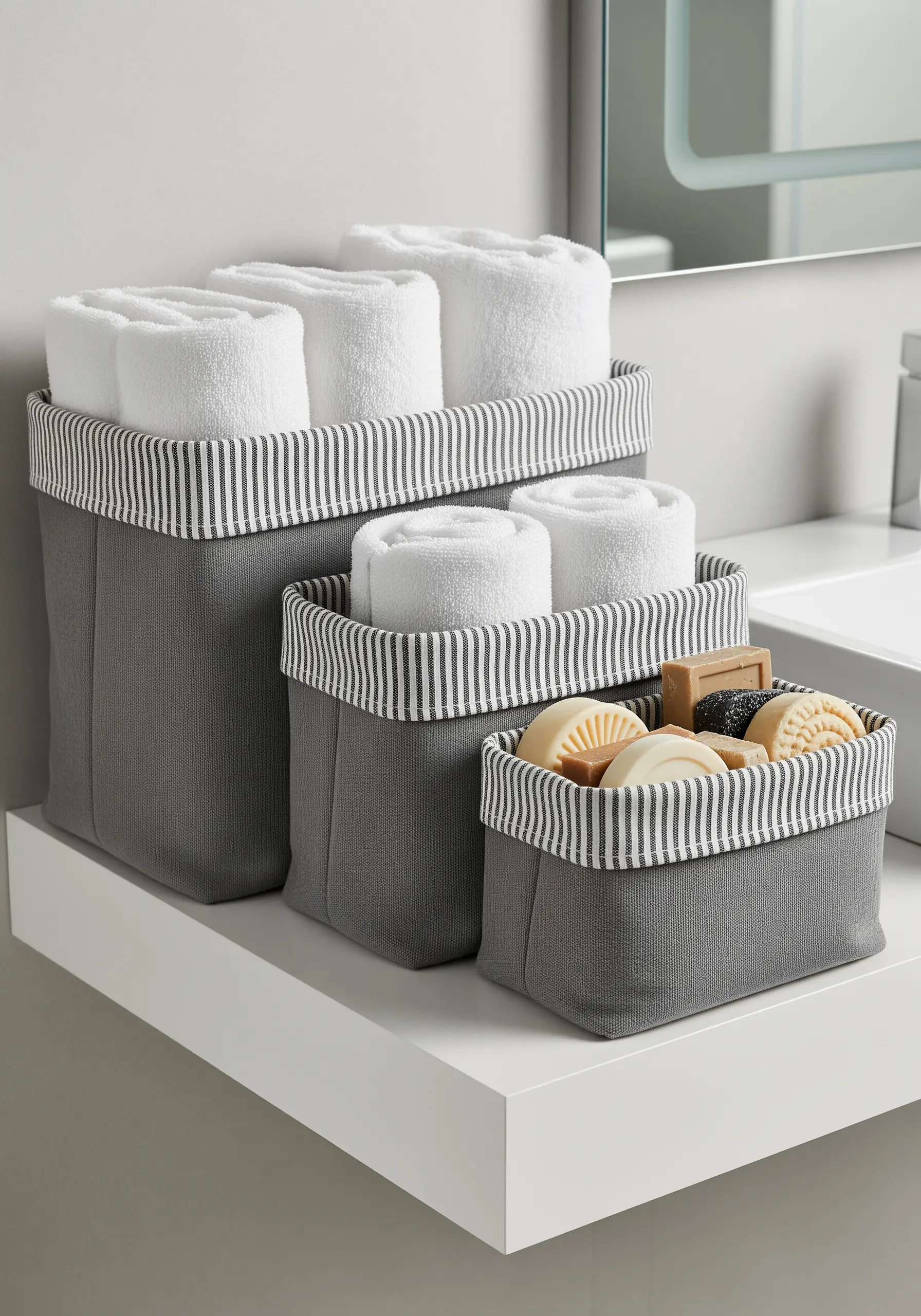 A set of three gray fabric storage bins with striped lining on a bathroom shelf.