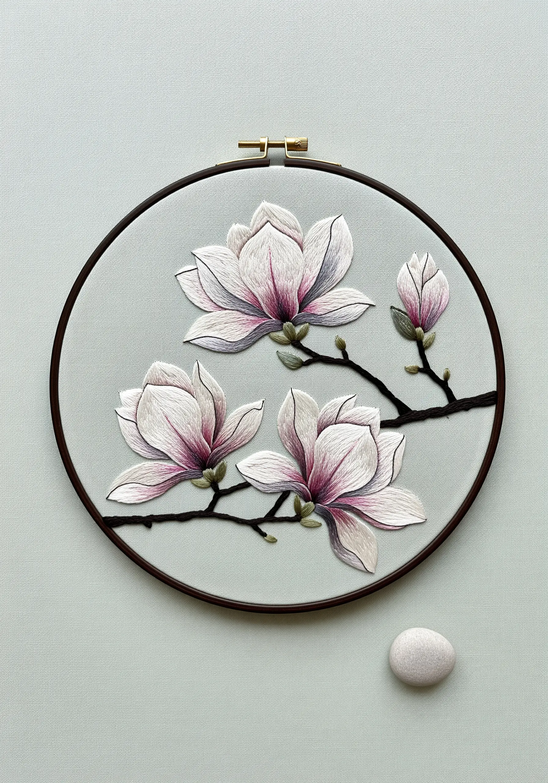 White and pink magnolia flowers thread-painted with subtle grey shading on a pale green fabric.