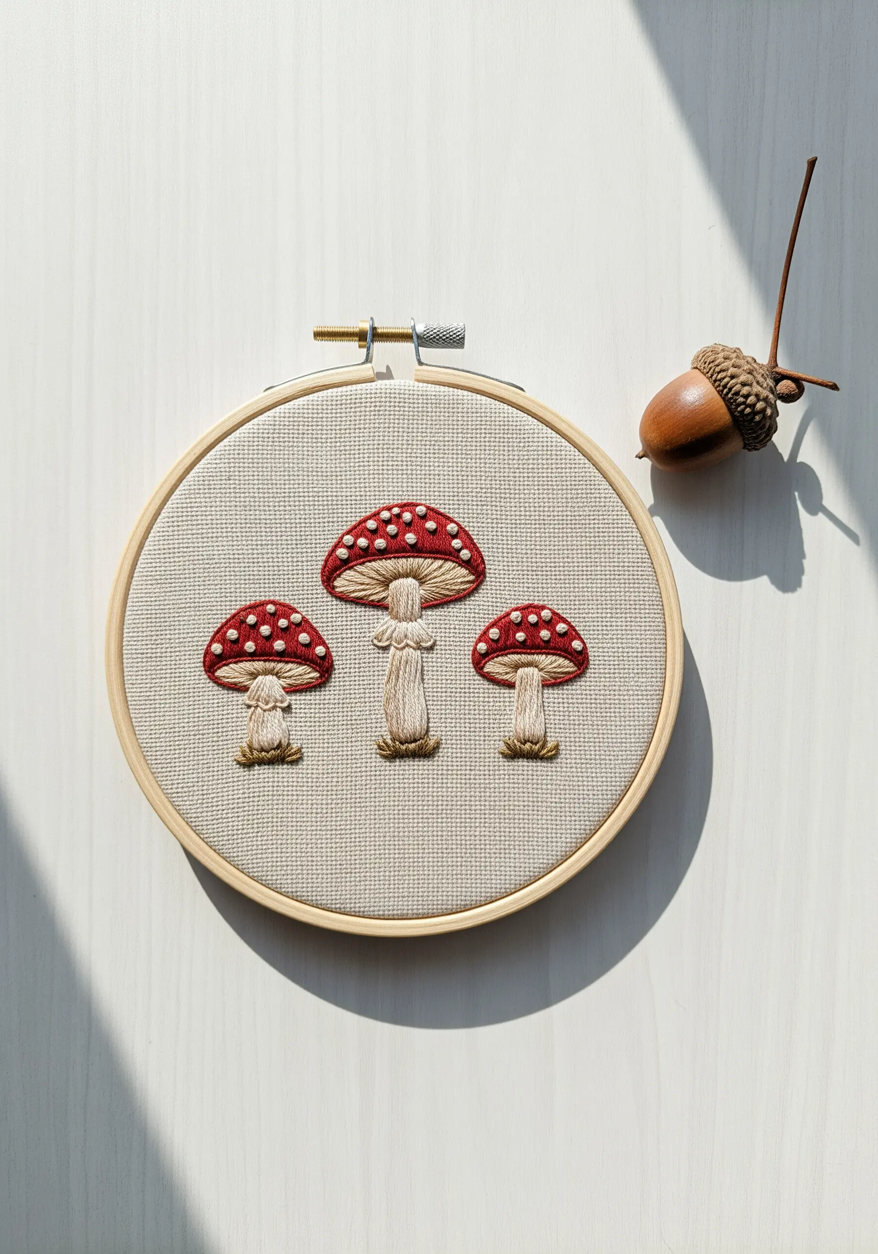 Three detailed mushrooms with color-blended red caps and textured white spots.