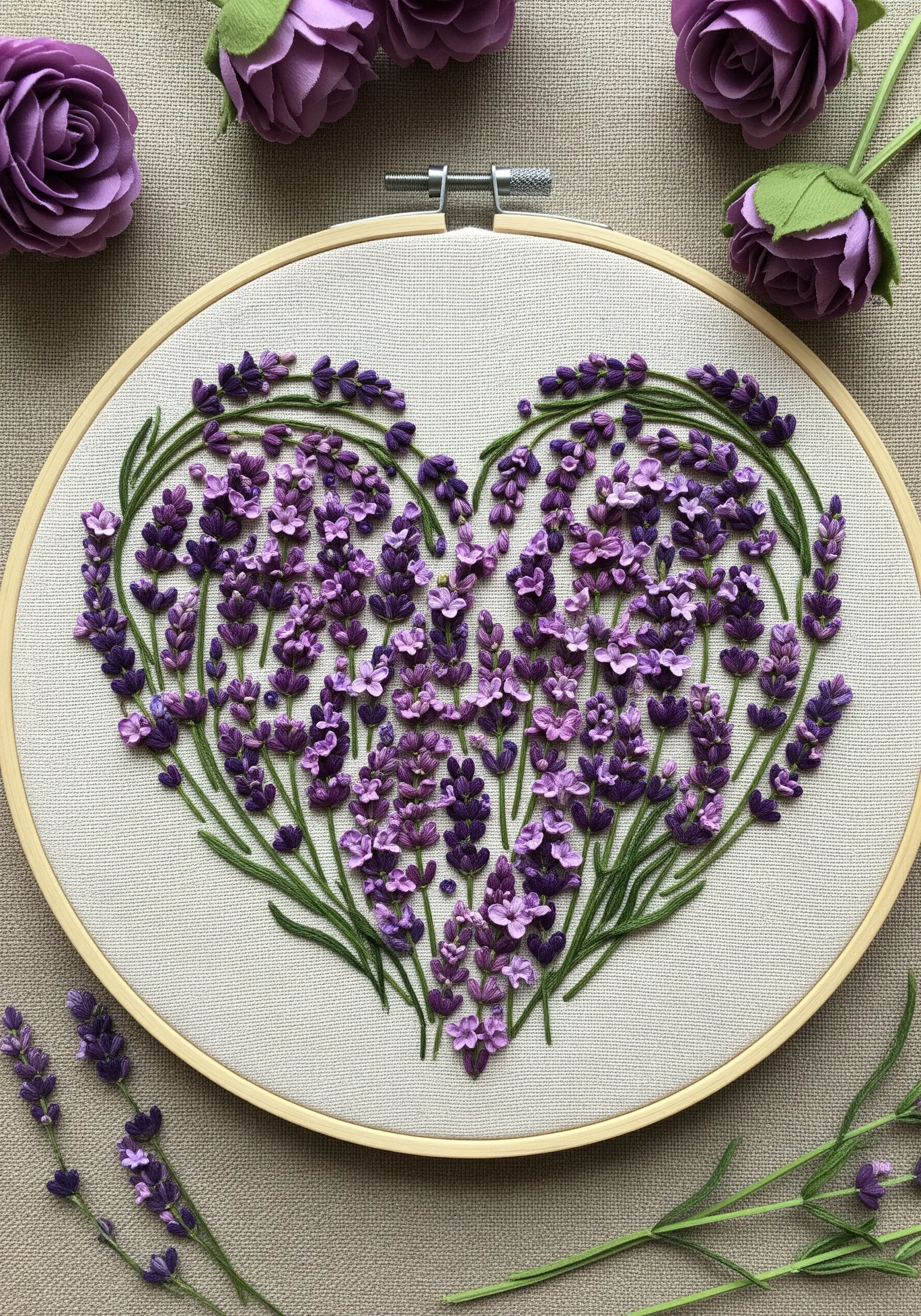 Embroidery of lavender sprigs and detached petals arranged in the shape of a heart.