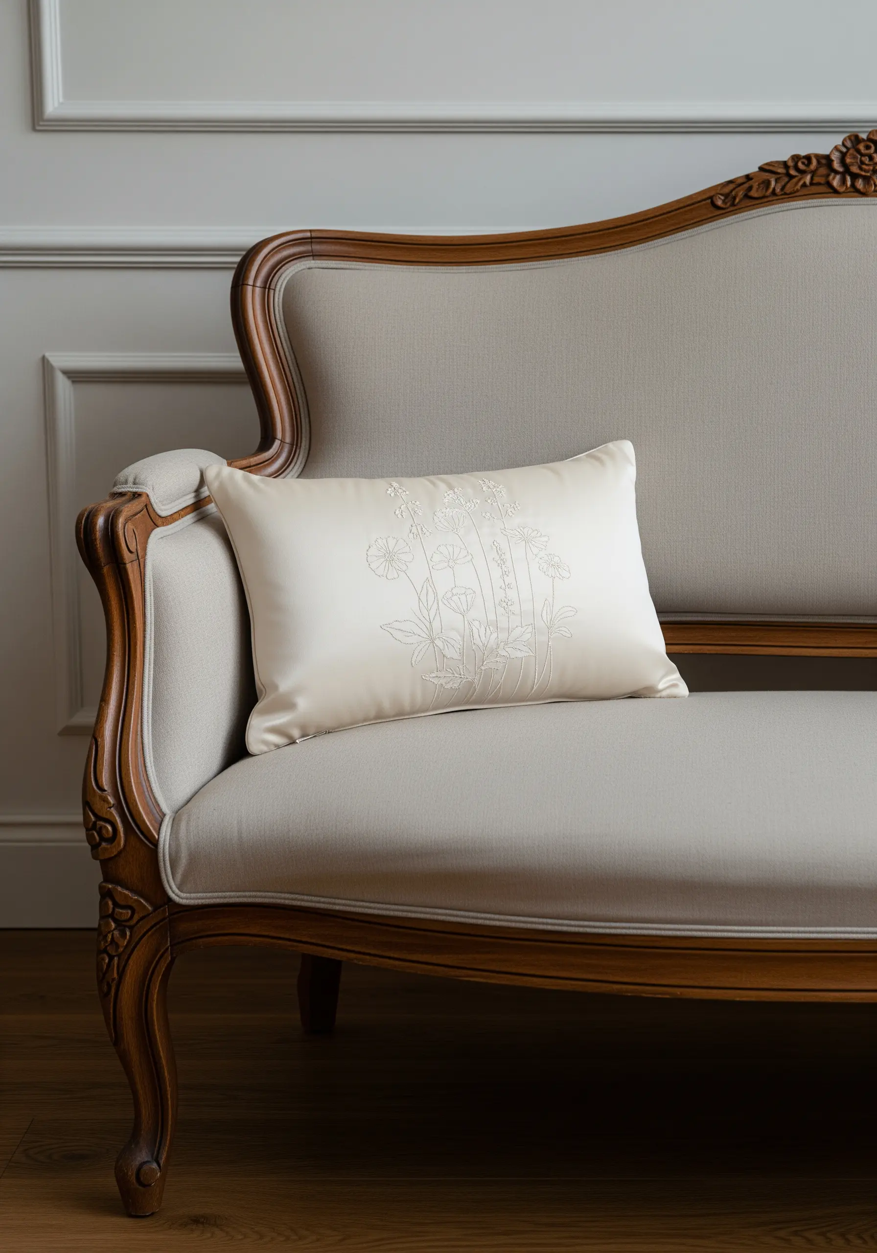 Delicate wildflower outlines embroidered on a luminous satin lumbar pillow.