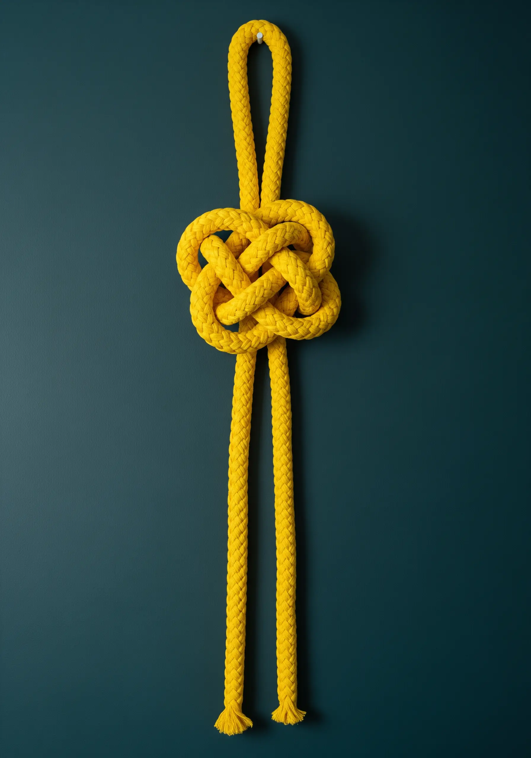 A large, bright yellow decorative sailor's knot hanging on a dark teal wall.