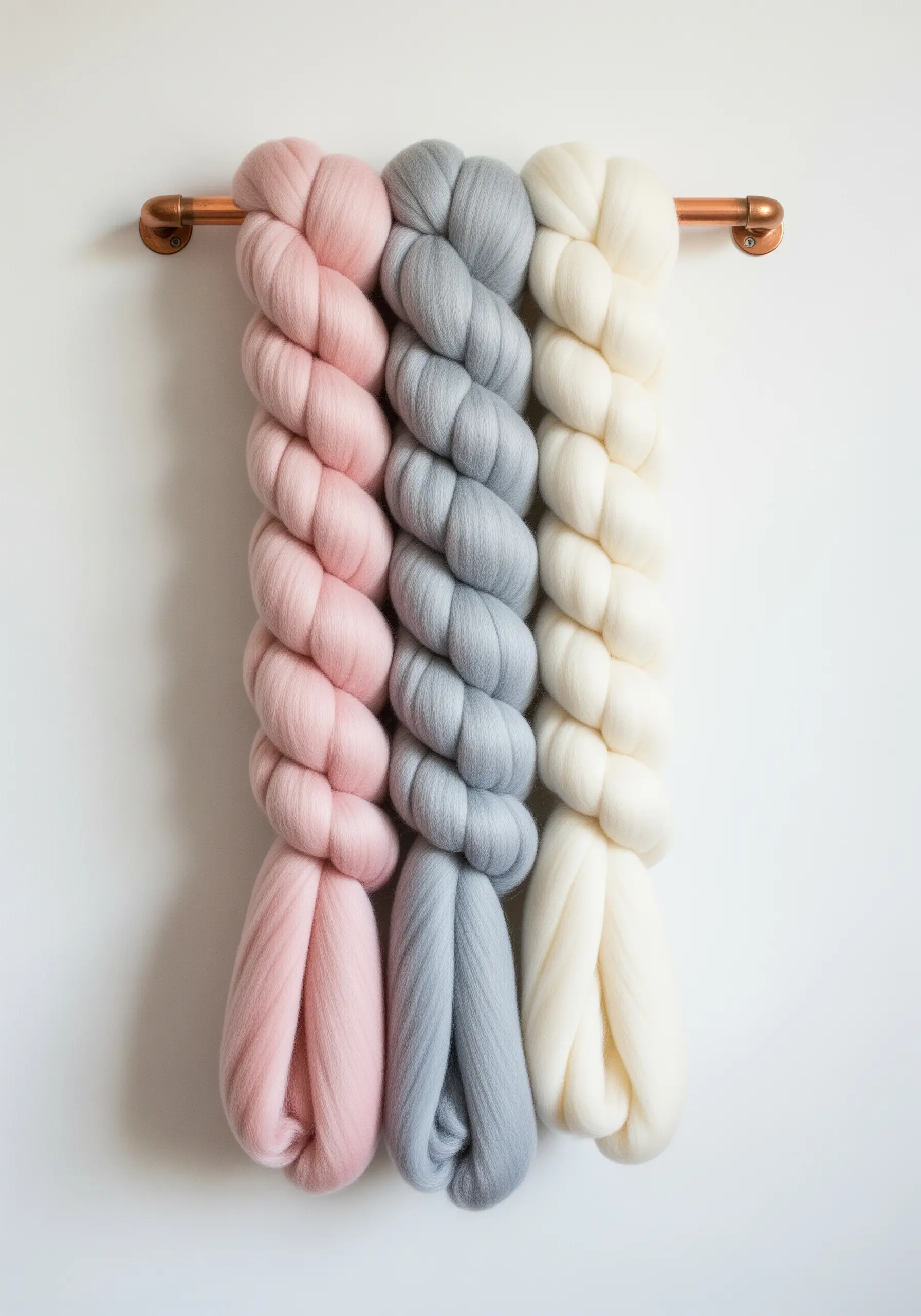 Three thick braids of chunky merino wool roving in pink, gray, and cream, hanging from a copper rod.