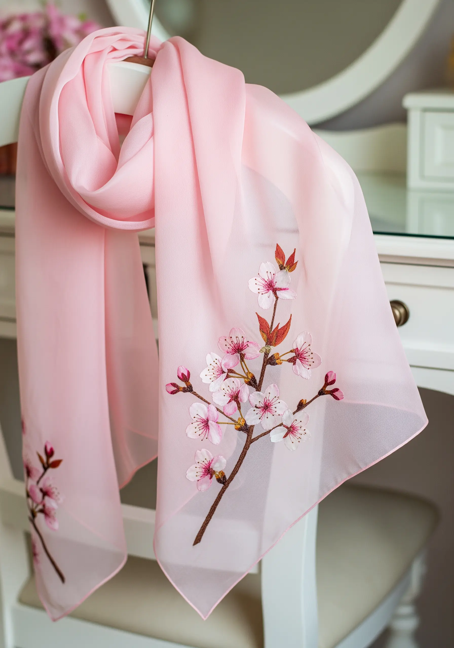 A delicate pink silk scarf embroidered with a branch of pink and white cherry blossoms.