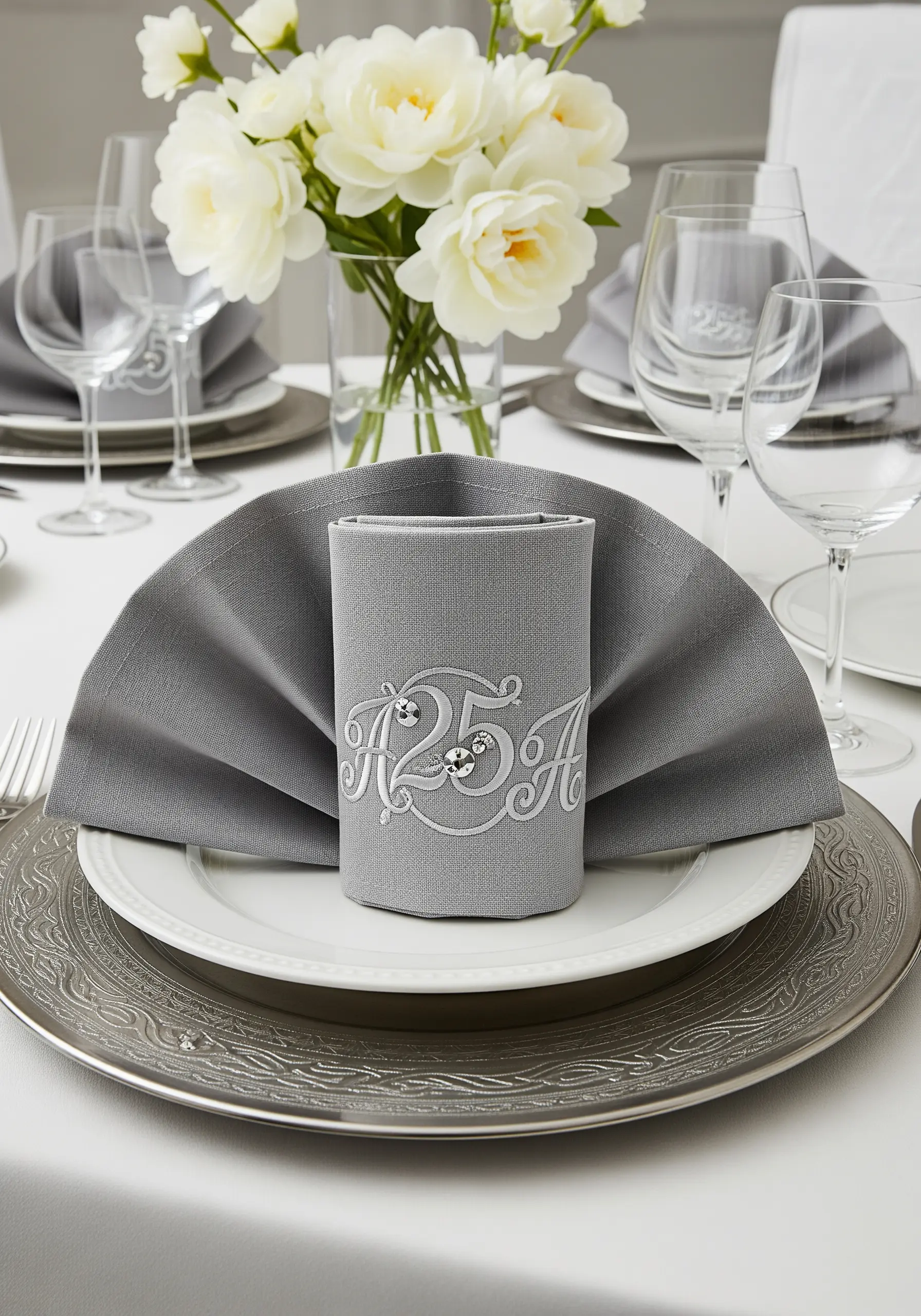 A grey napkin embroidered with 'A25A' in silver script, with crystals on the number 25.