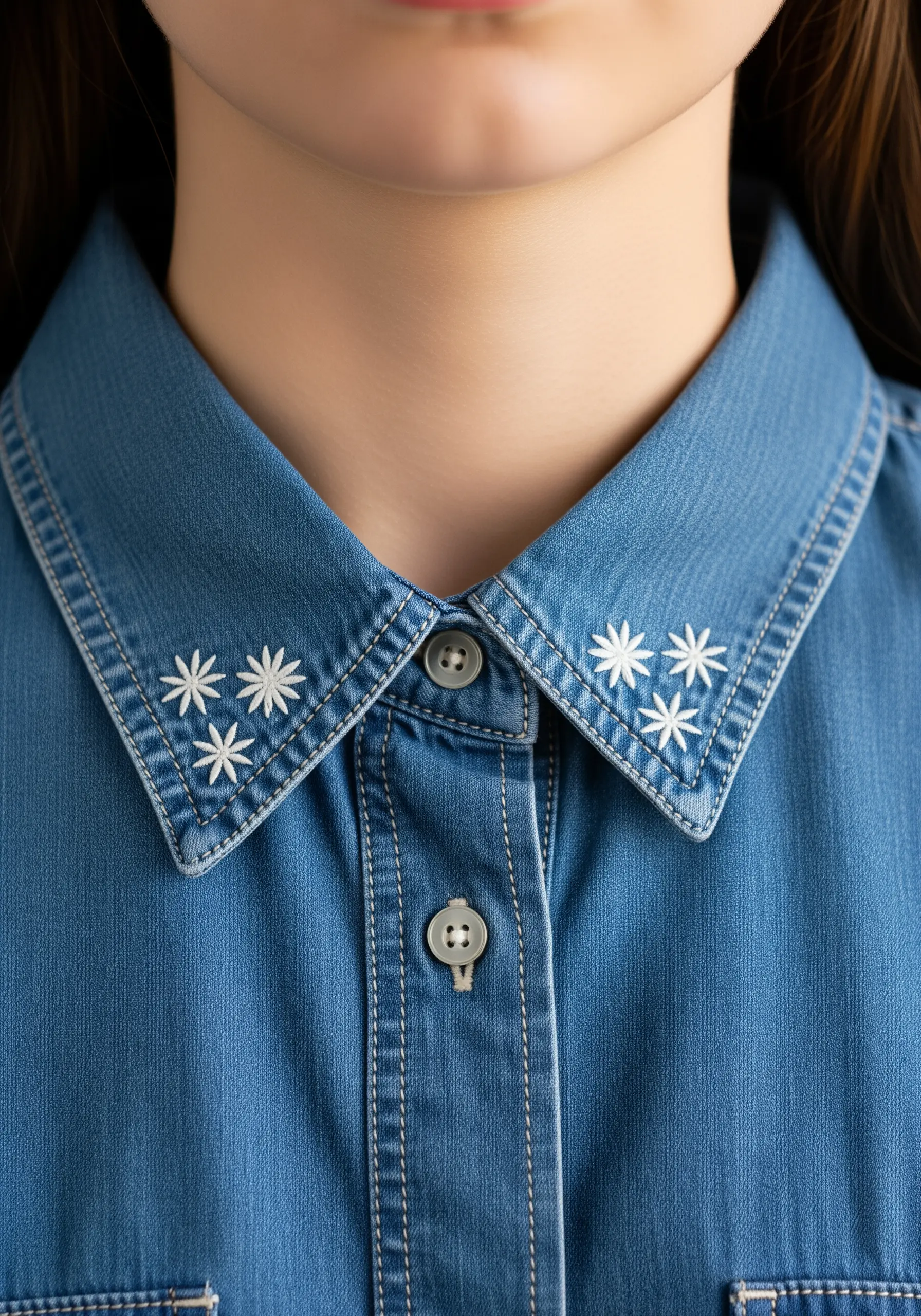 Small, white embroidered starburst flowers stitched onto the collar tips of a denim shirt.