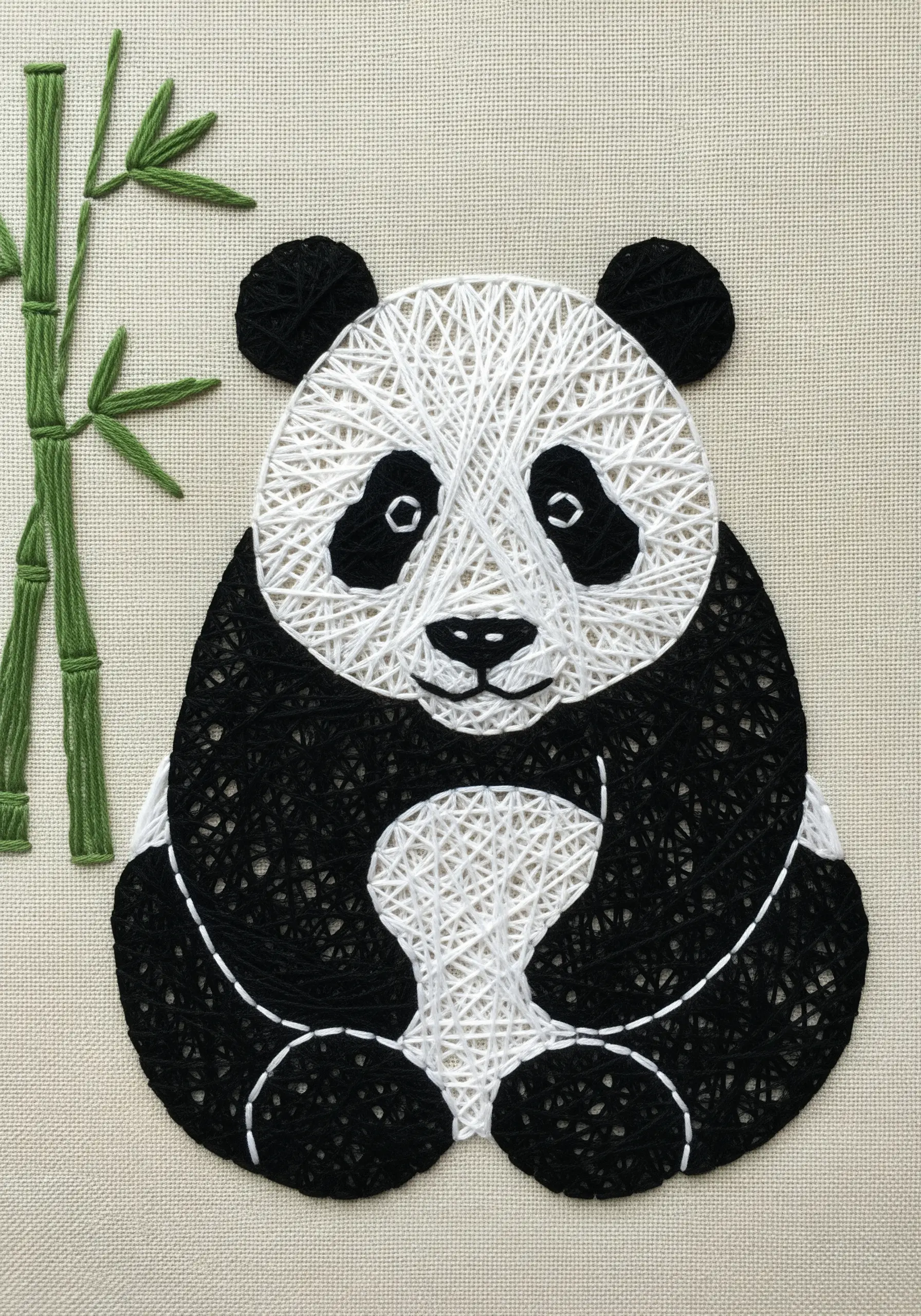Stylized string art panda in black and white, sitting next to green satin-stitched bamboo.