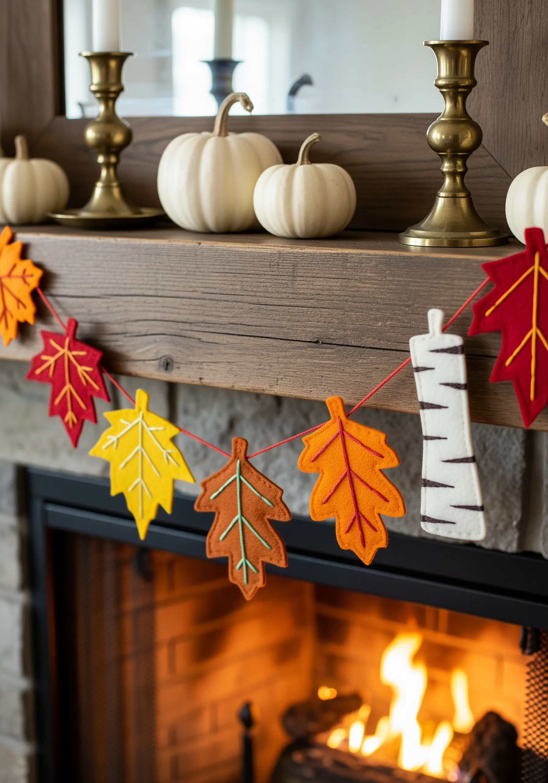A festive garland made of embroidered felt leaves and birch bark pieces.