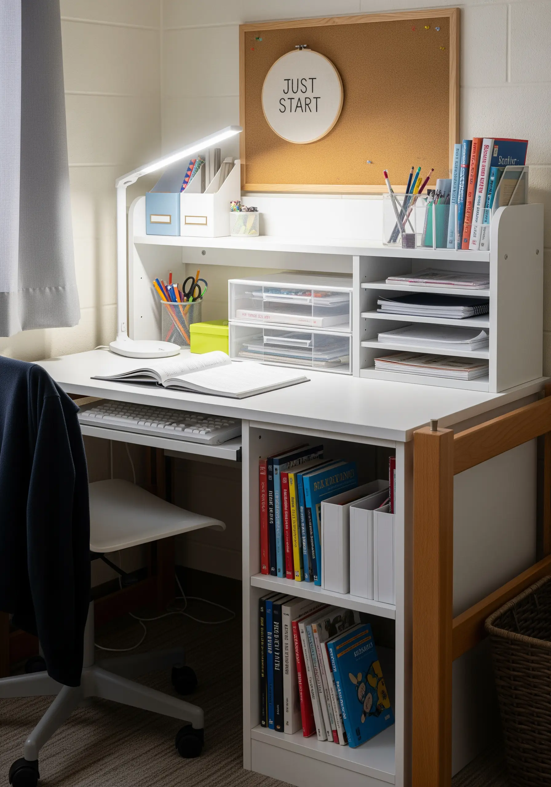 The phrase 'Just Start' embroidered in a simple hoop pinned to a corkboard.