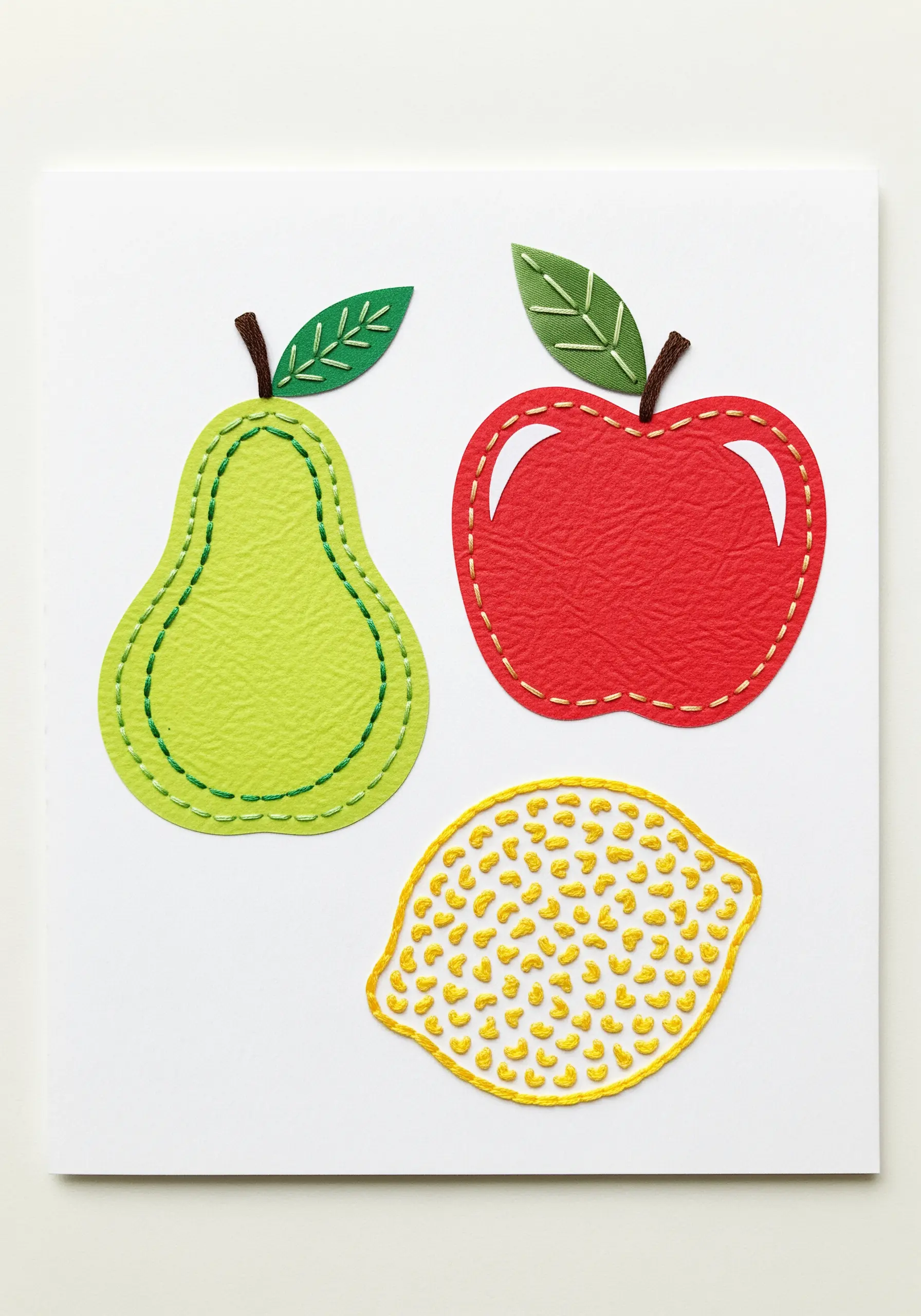 Paper cutouts of a pear, apple, and lemon decorated with simple hand stitching.